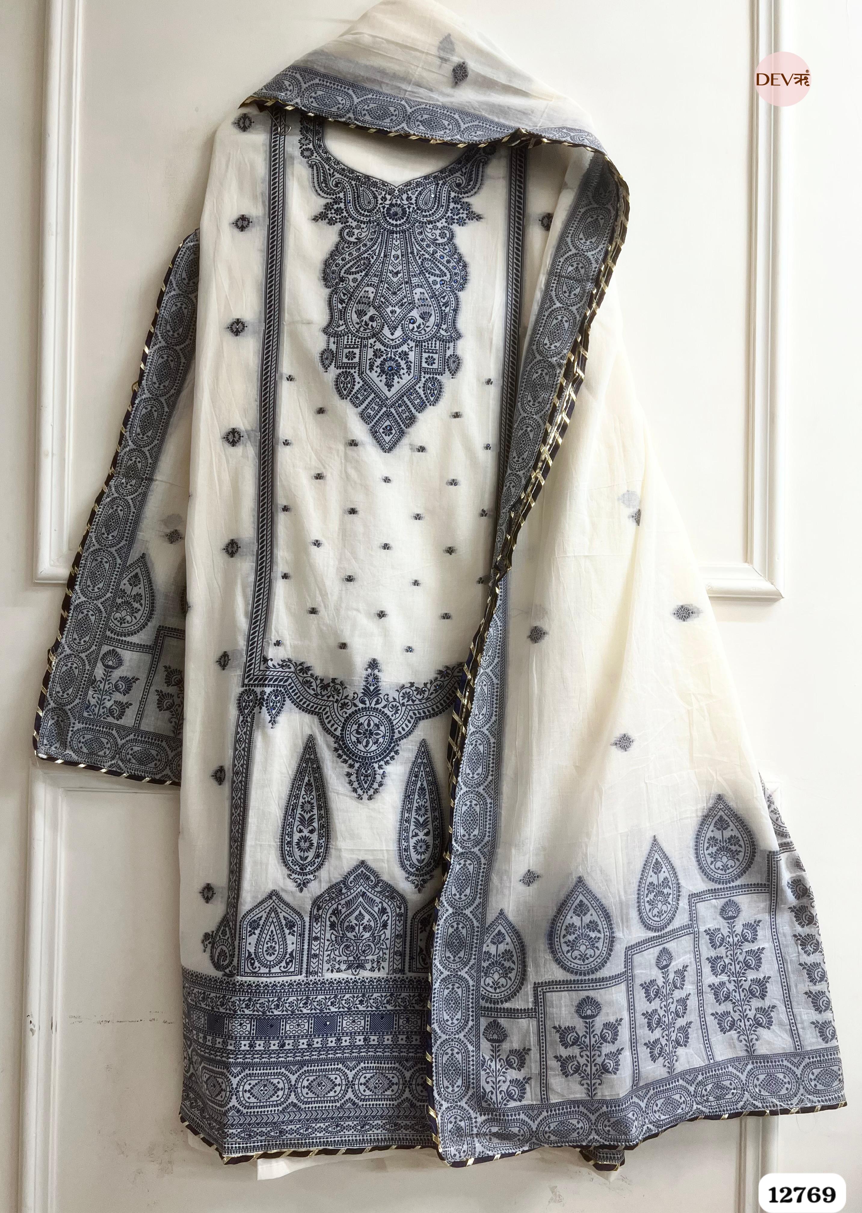 Off-White Jamdani Cotton Embroidered Unstitched 3-Piece Suit (Devri – D.No 12769)