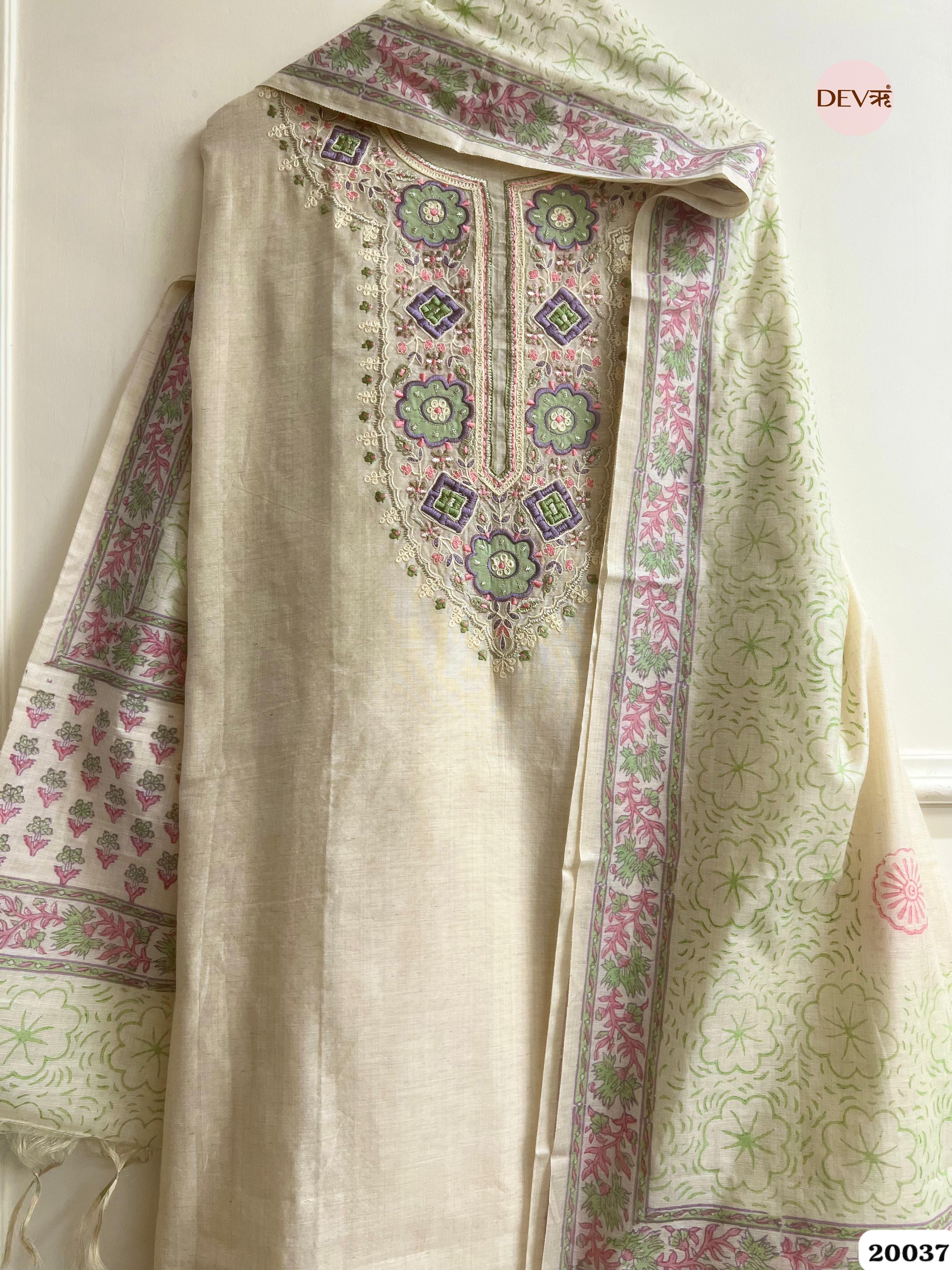 Ivory Pure Linen Embroidered Unstitched 3-Piece Suit (Devri – D.No. 20037)
