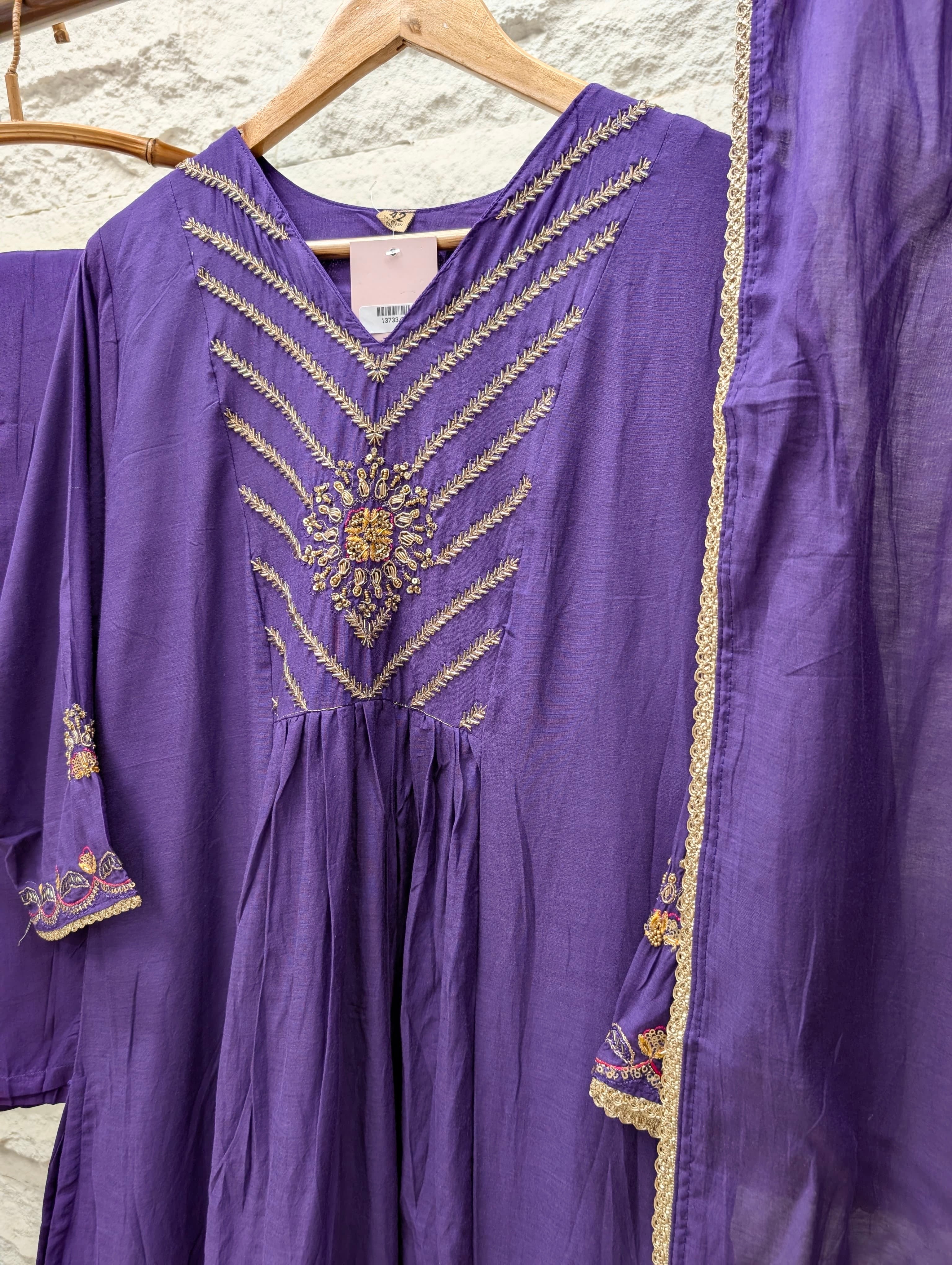 Zarmina Mul Chanderi Embroidered Purple 3-Piece Set (Devri – D.No 13733)