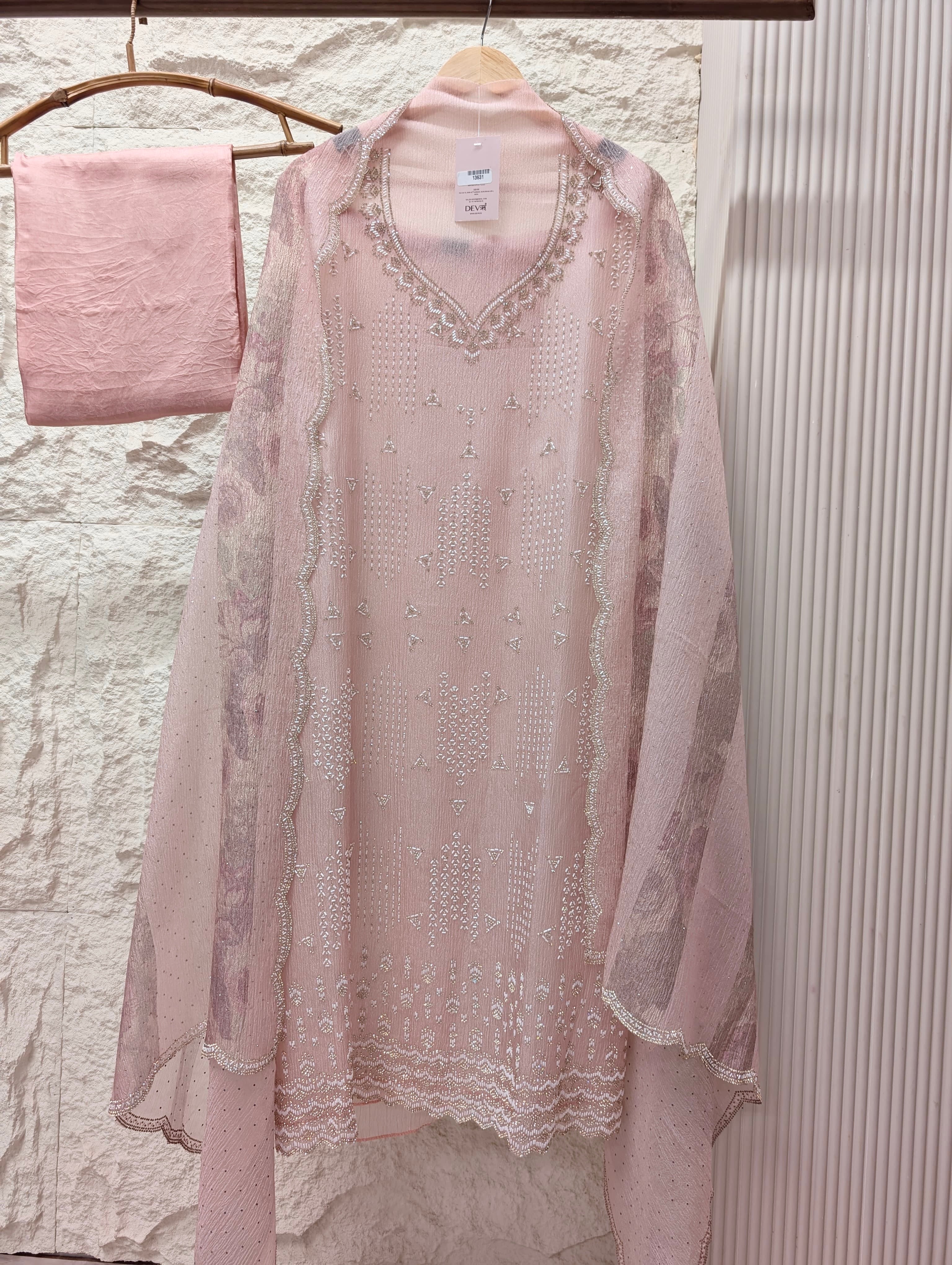 Pink Pure Crush Silk Embroidered Unstitched 3-Piece Suit (Devri – D.No 13631)