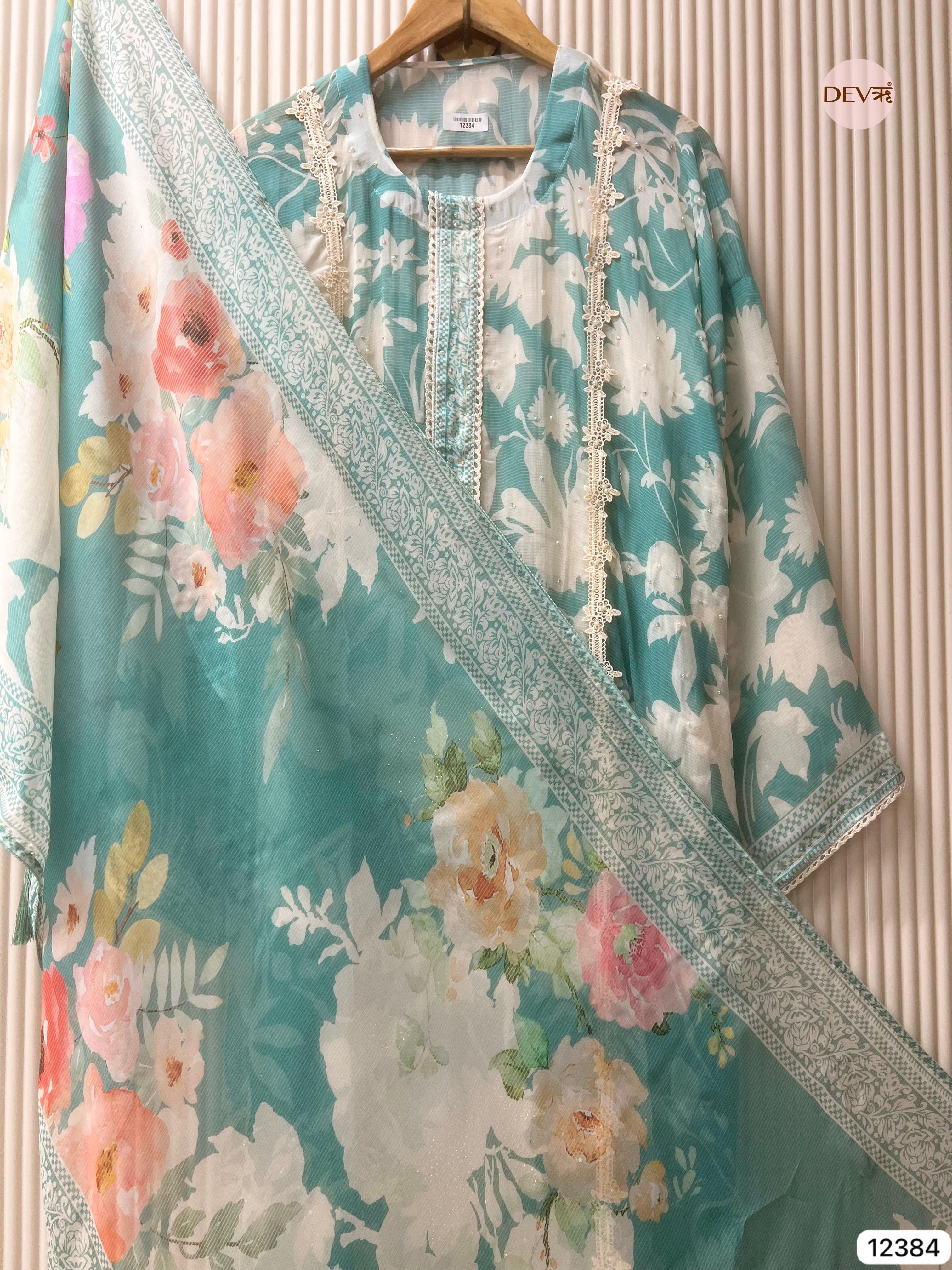 Sea Green Organza Printed Unstitched 3-Piece Suit (Devri – D.No 12384)