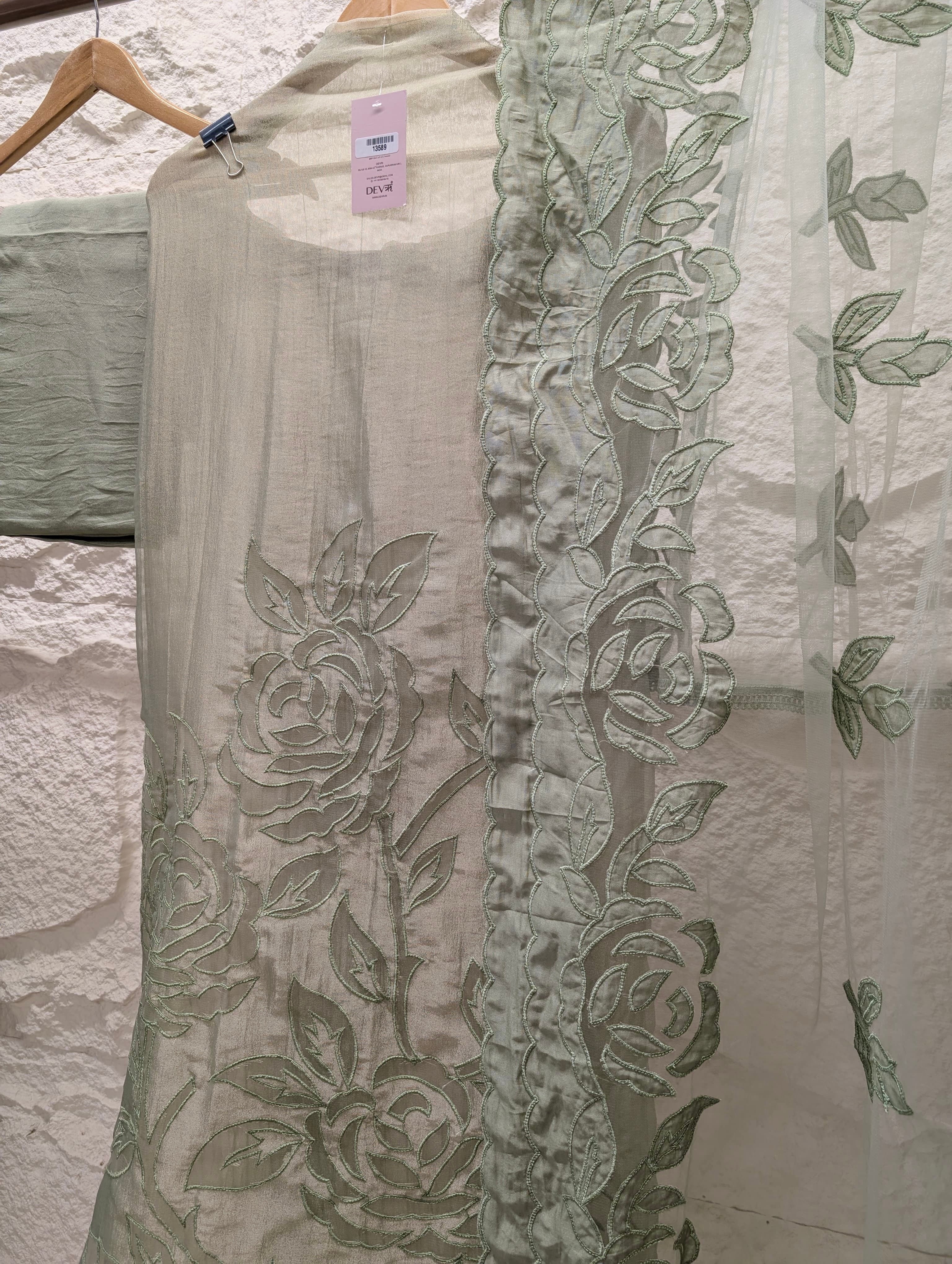 Sage Tissue Crush Silk Embroidered Unstitched 3-Piece Suit (Devri – D.No 13589)