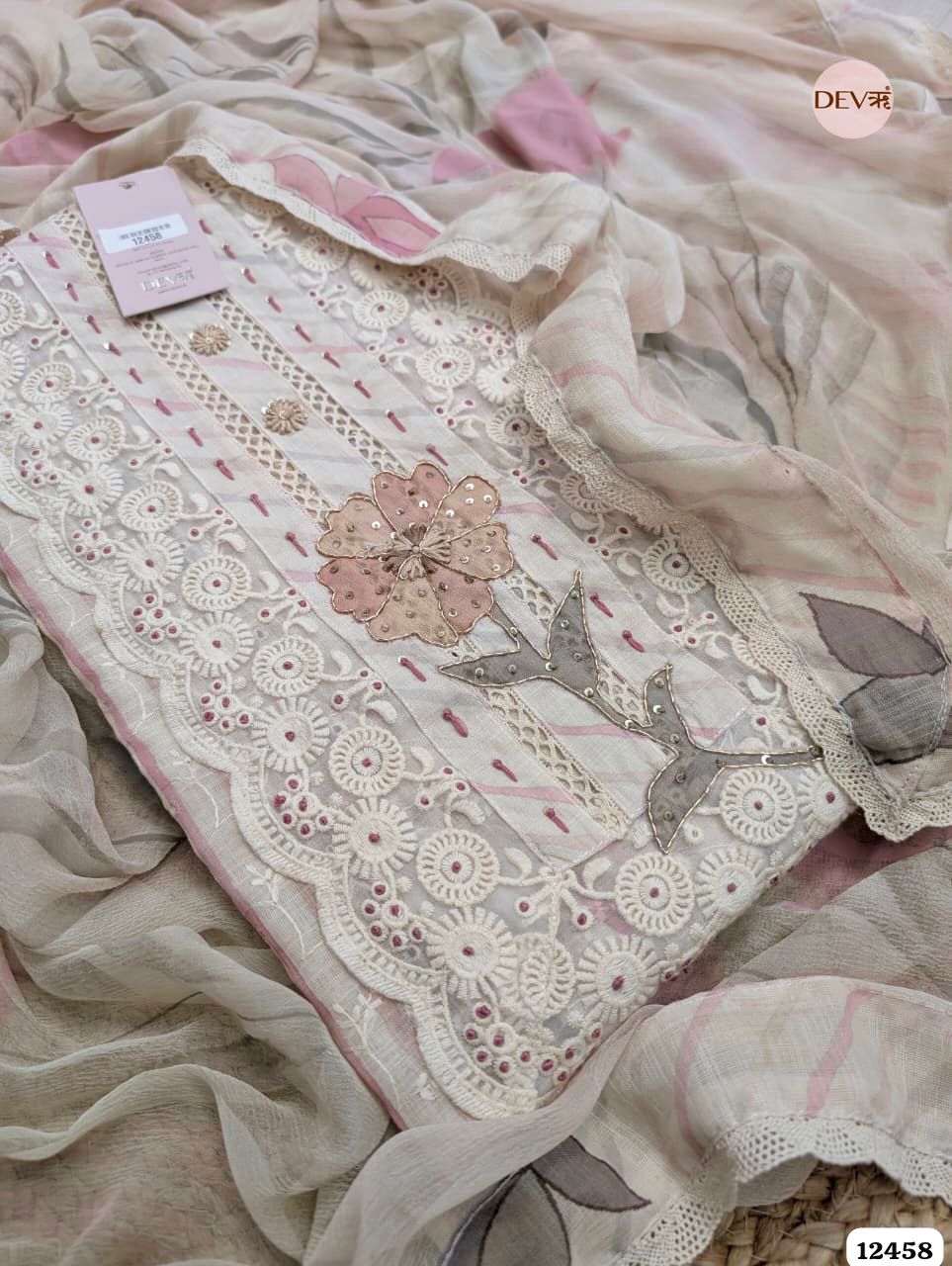 Pink &amp; Beige Pure Linen Embroidered Unstitched 3-Piece Suit (Devri – D.No 12458)