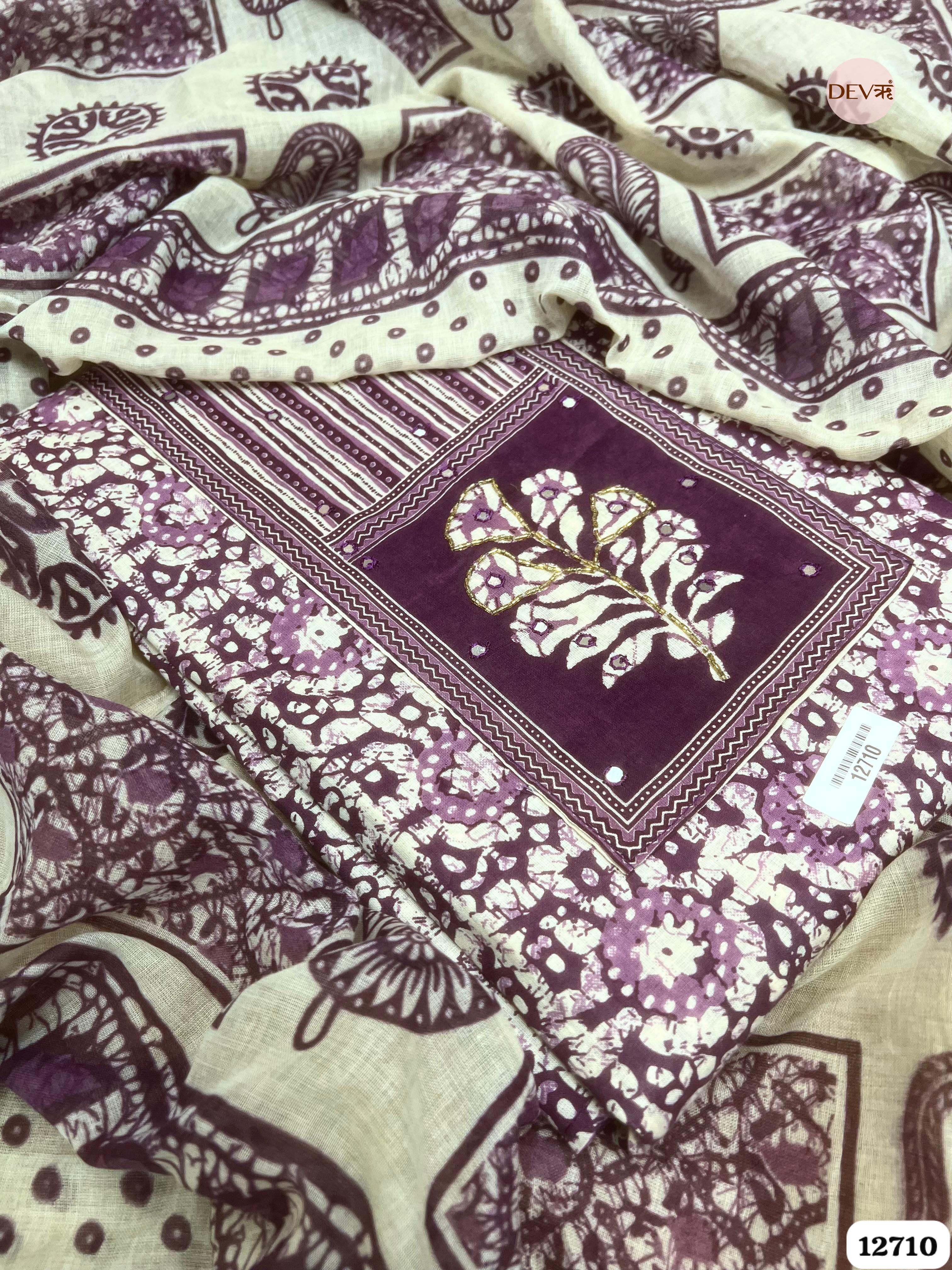 Purple Cotton Printed Unstitched 3-Piece Suit (Devri – D.No 12710)