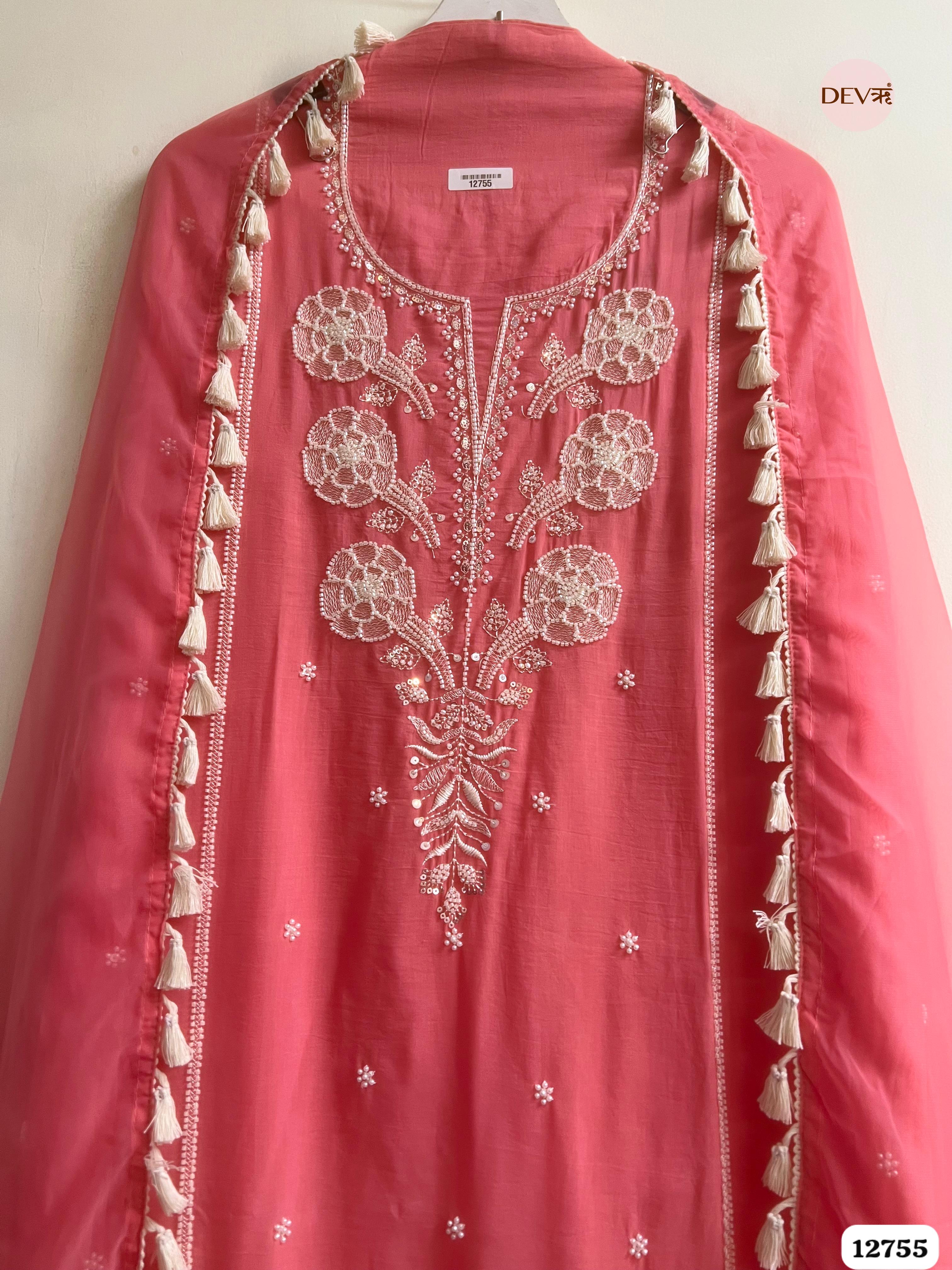 Coral Pink Mul Cotton Embroidered Unstitched 3-Piece Suit (Devri – D.No 12755)