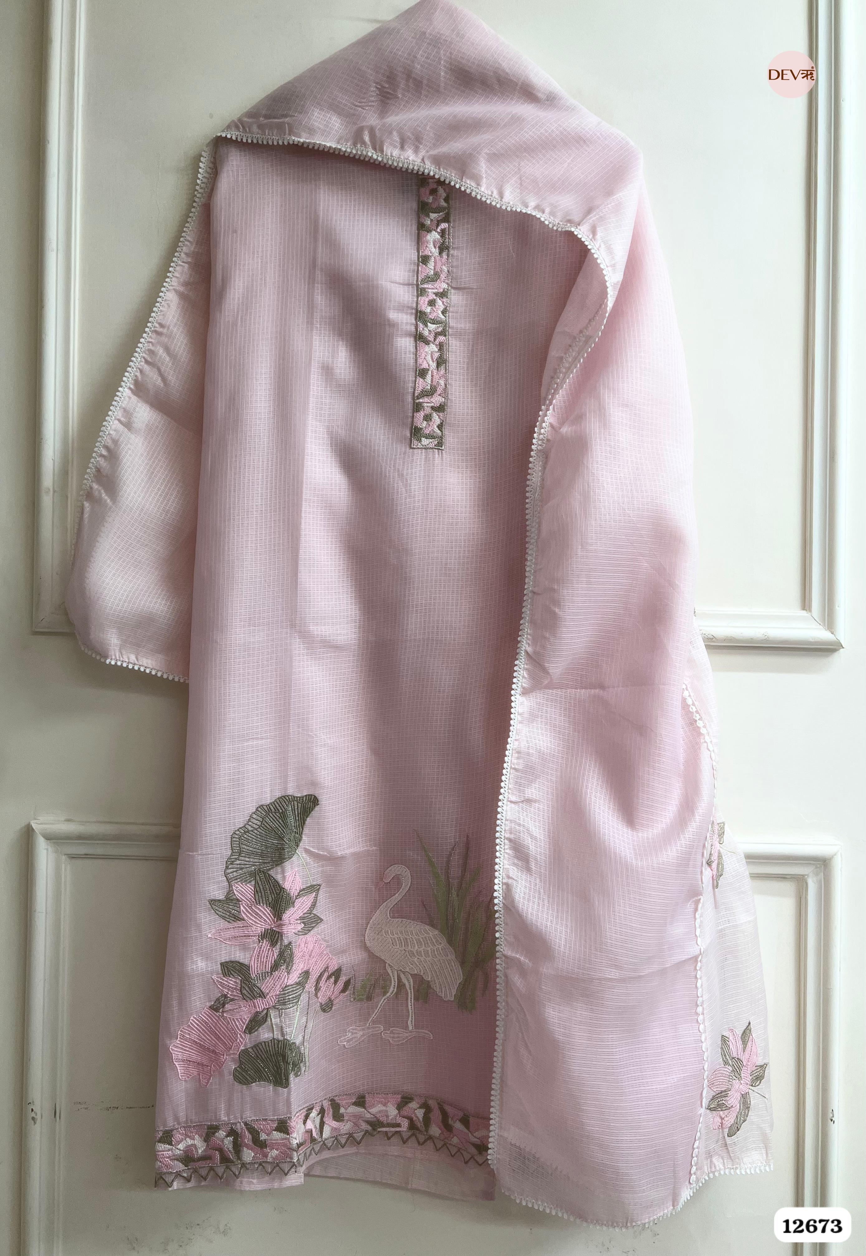 Baby Pink Kota Embroidered Unstitched 3-Piece Suit (Devri – D.No 12673)