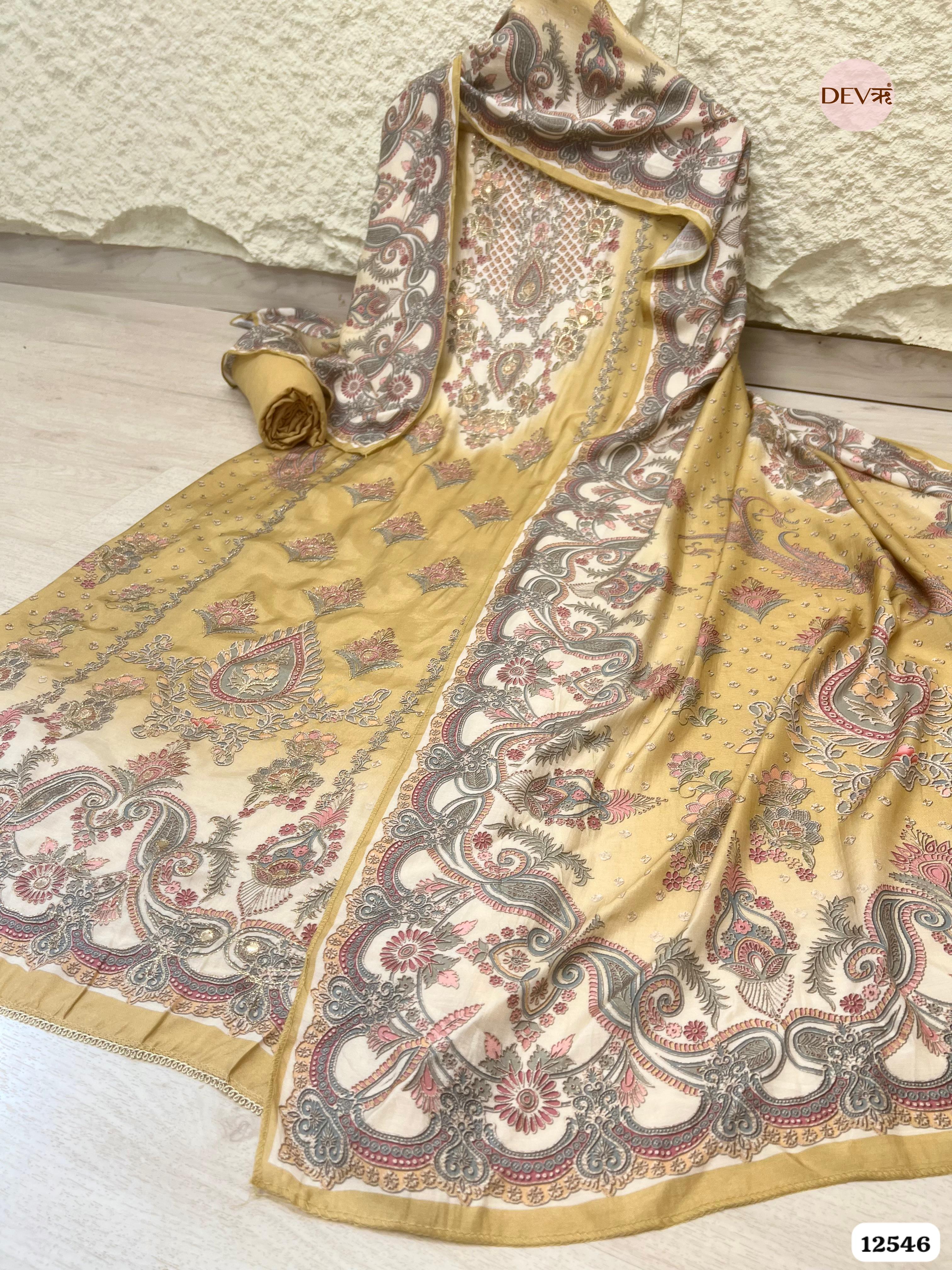 Mustard Muslin Embroidered Unstitched 3-Piece Suit (Devri – D.No 12546)