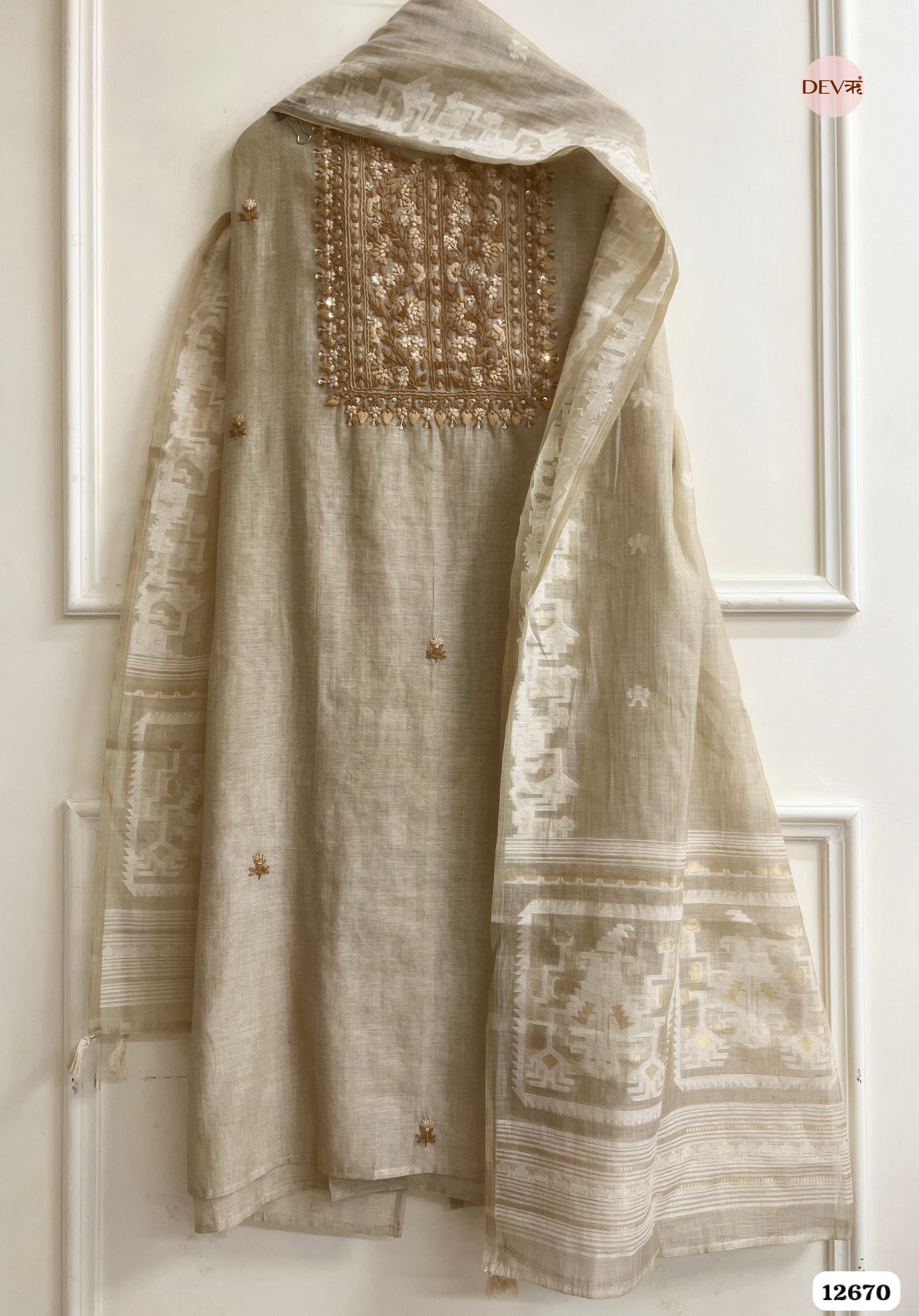 Beige Mul Chanderi Embroidered Unstitched 3-Piece Suit (Devri – D.No 12670)