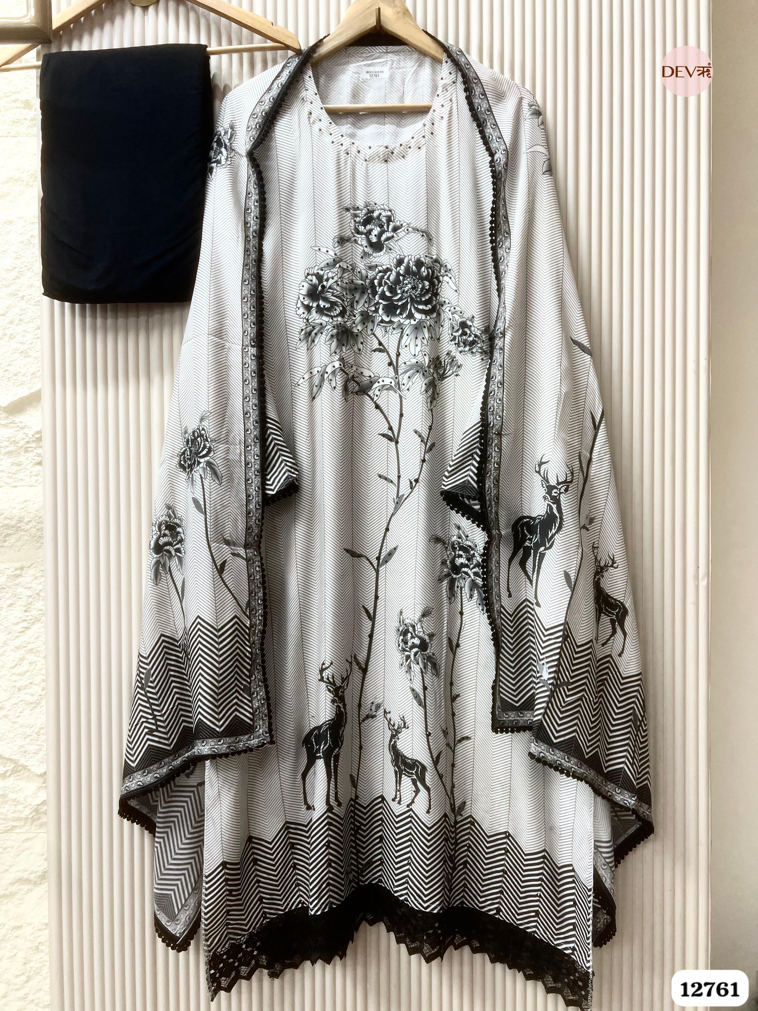 Off-White and Black Muslin Printed Unstitched 3-Piece Suit (Devri – D.No 12761)