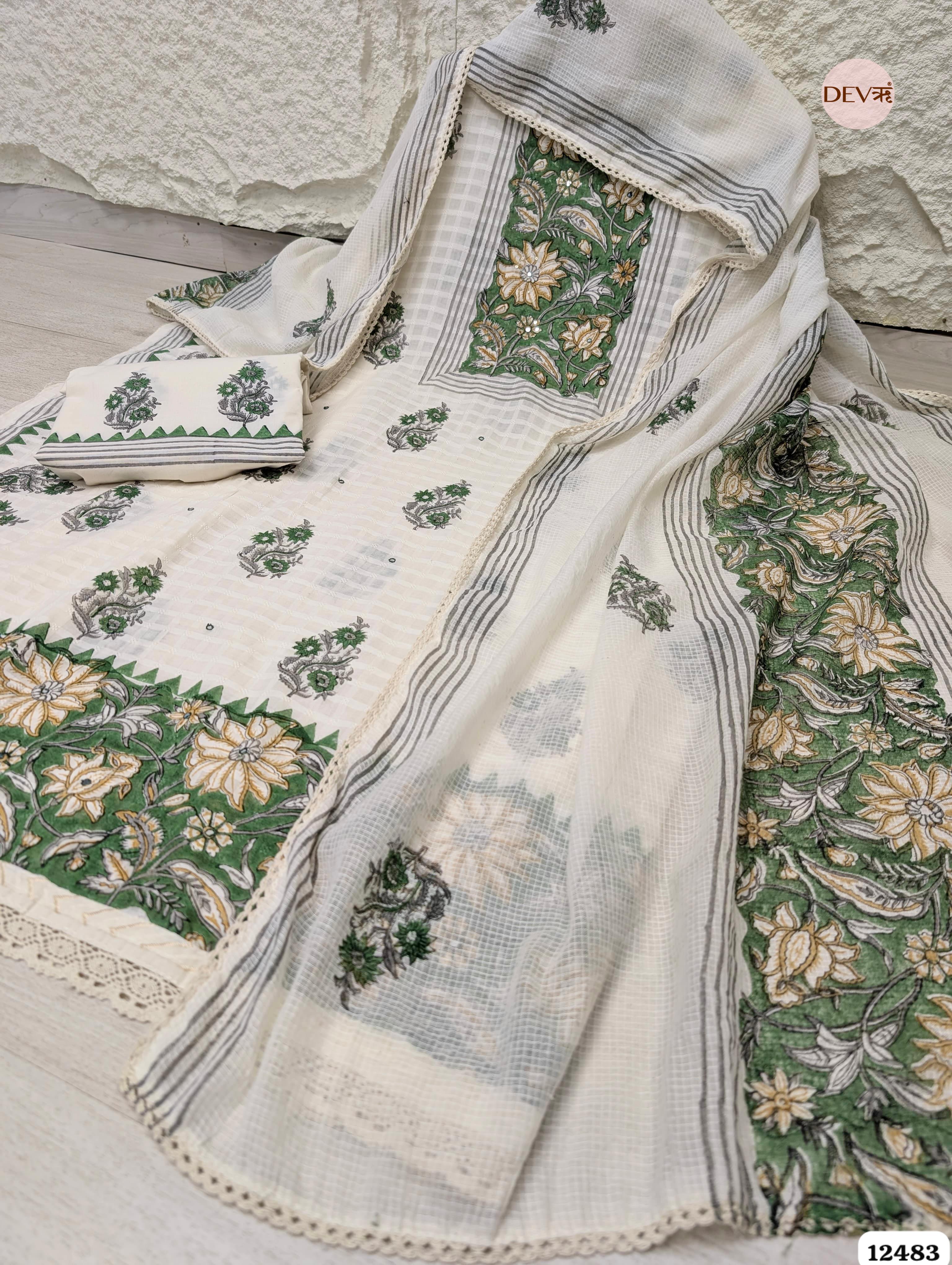 White & Green Pure Cotton Printed Unstitched 3-Piece Suit (Devri – D.No 12483)