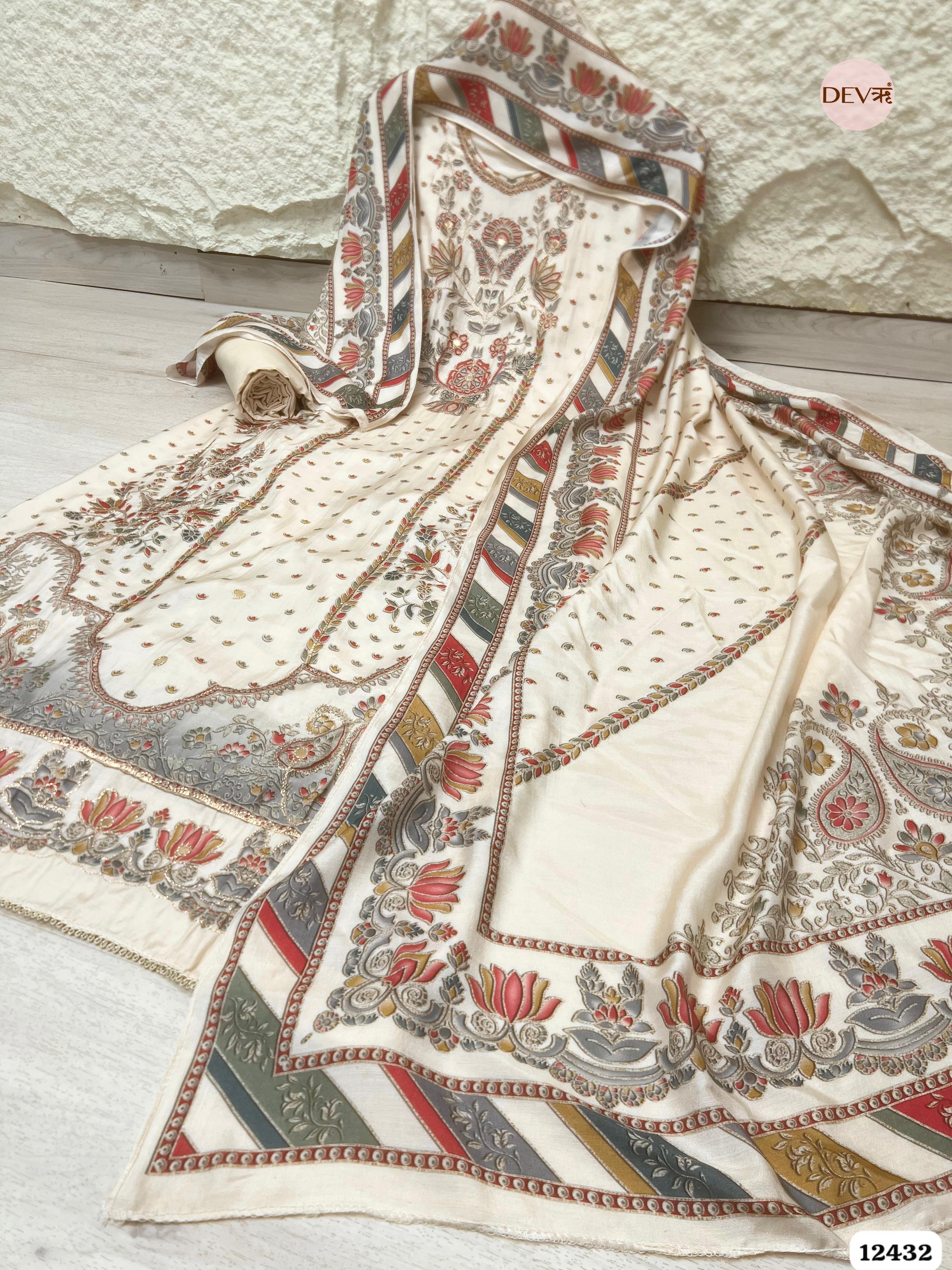 Ivory Muslin Printed Unstitched 3-Piece Suit -(12432)