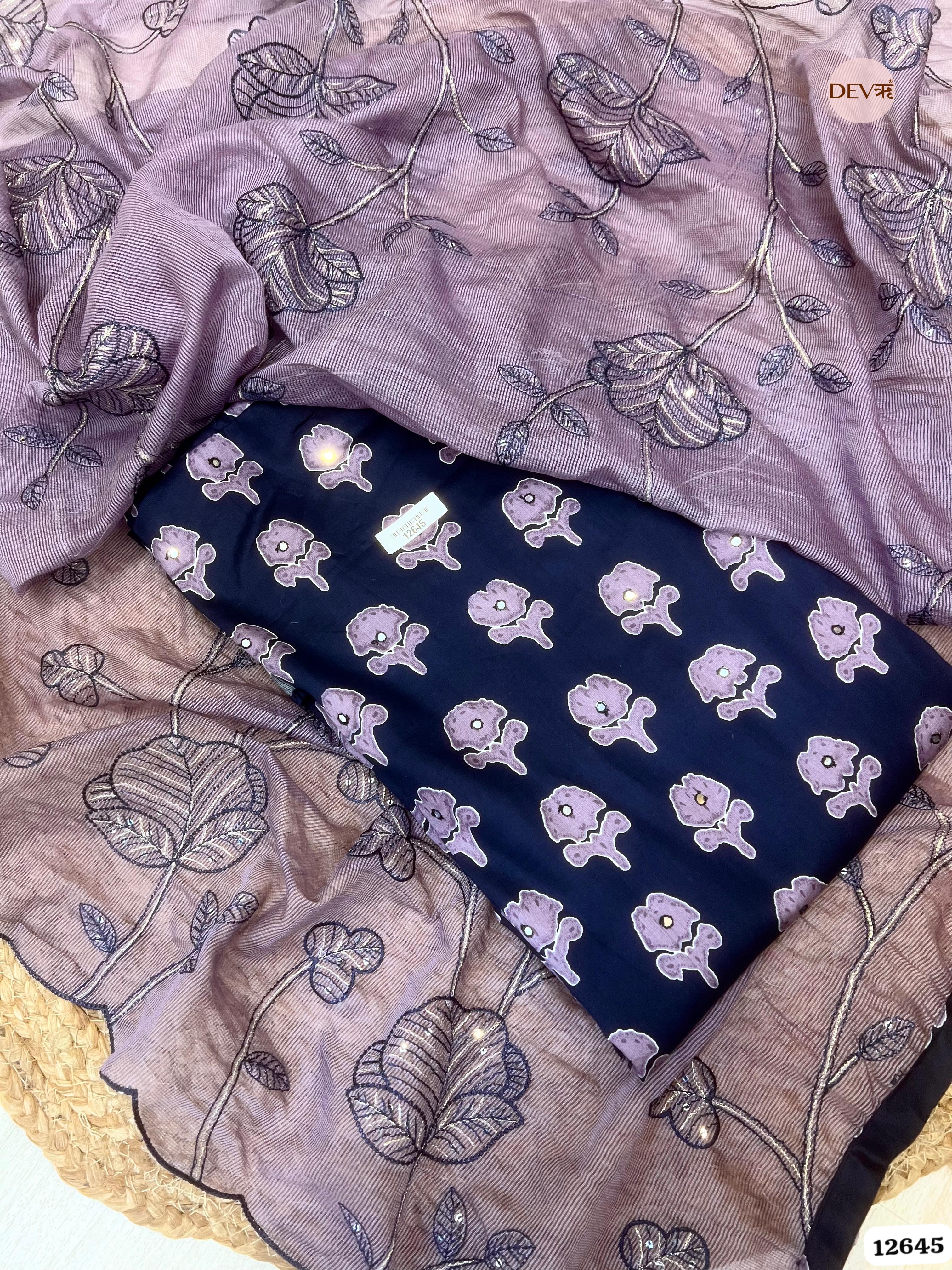 Navy Blue Cotton Printed Unstitched 3-Piece Suit (Devri – D.No 12645)