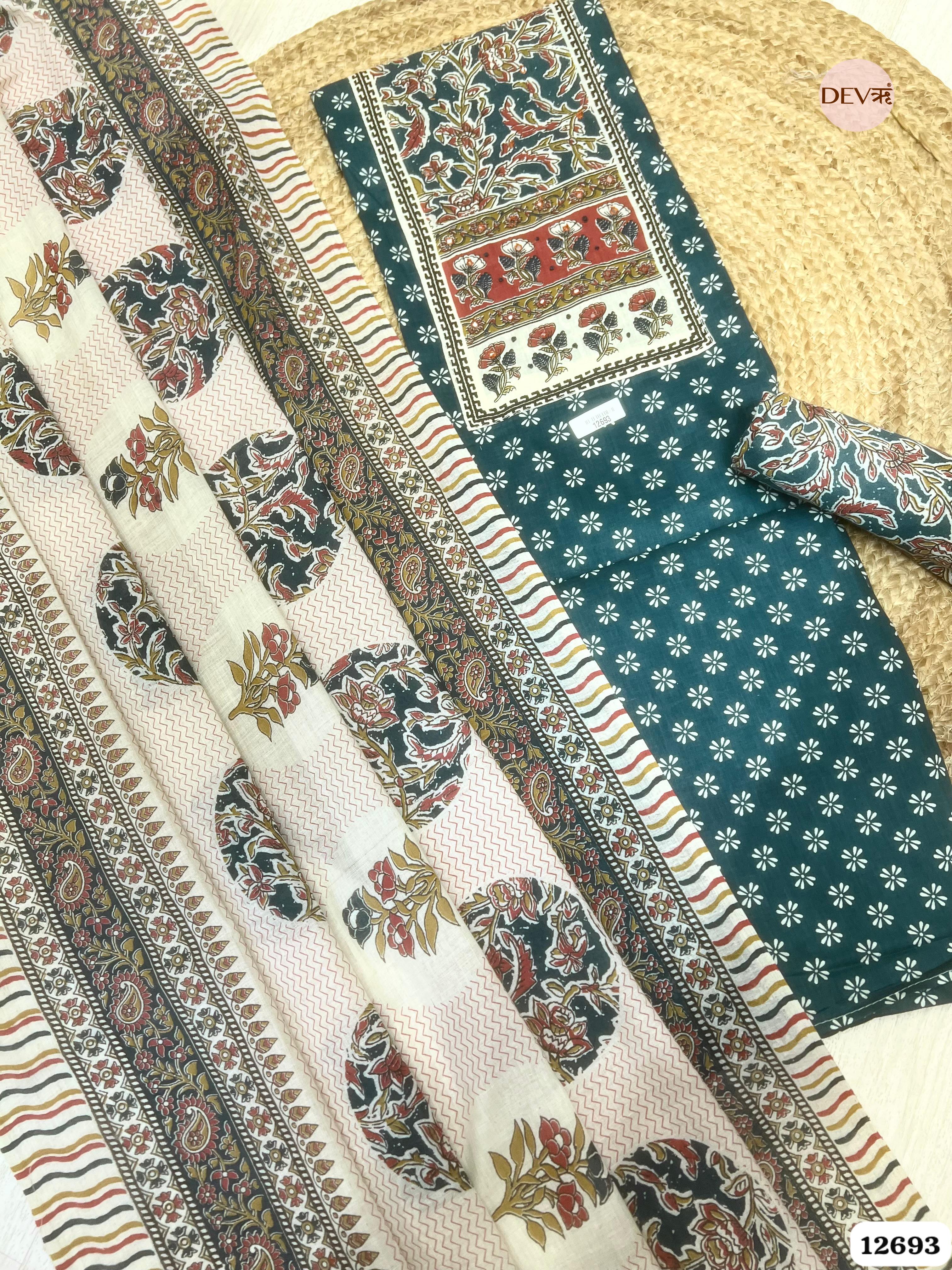 Teal Cotton Printed Unstitched 3-Piece Suit (Devri – D.No 12693)
