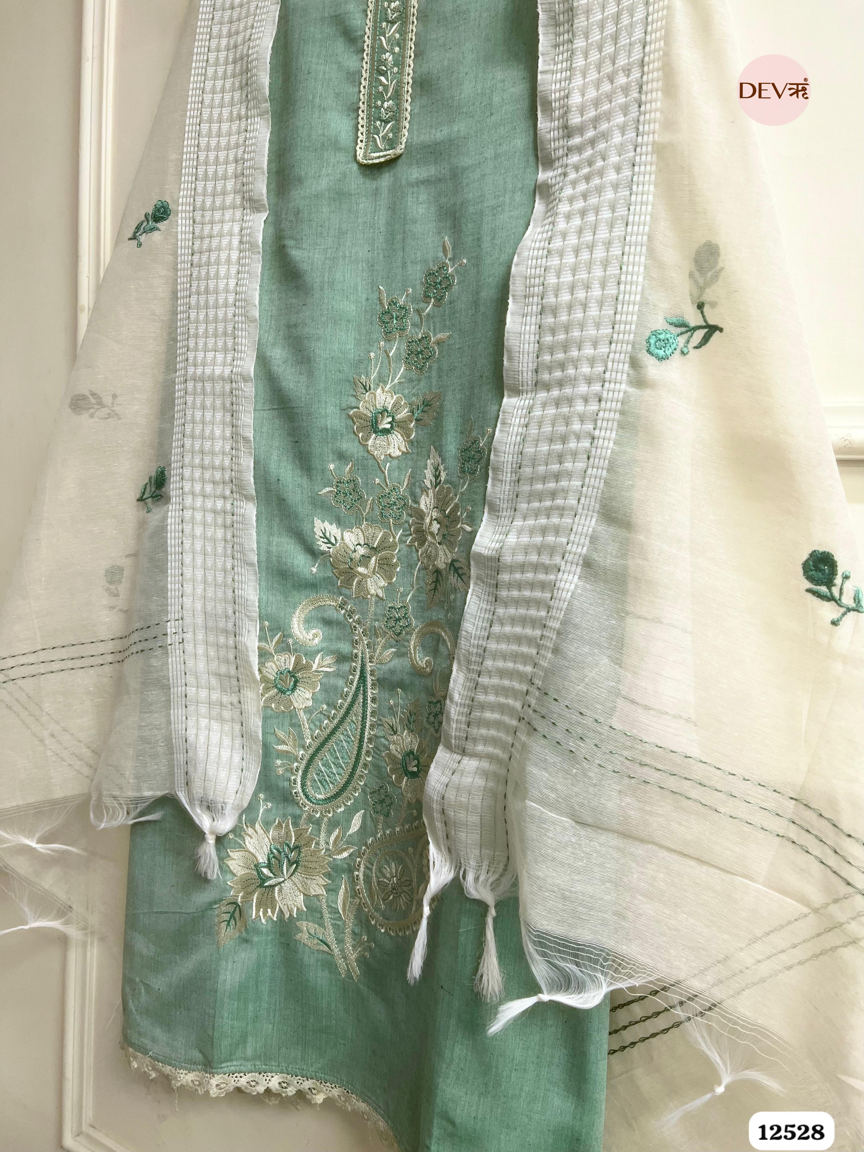 Mint Handloom Cotton Embroidered Unstitched 3-Piece Suit (Devri – D.No 12528)