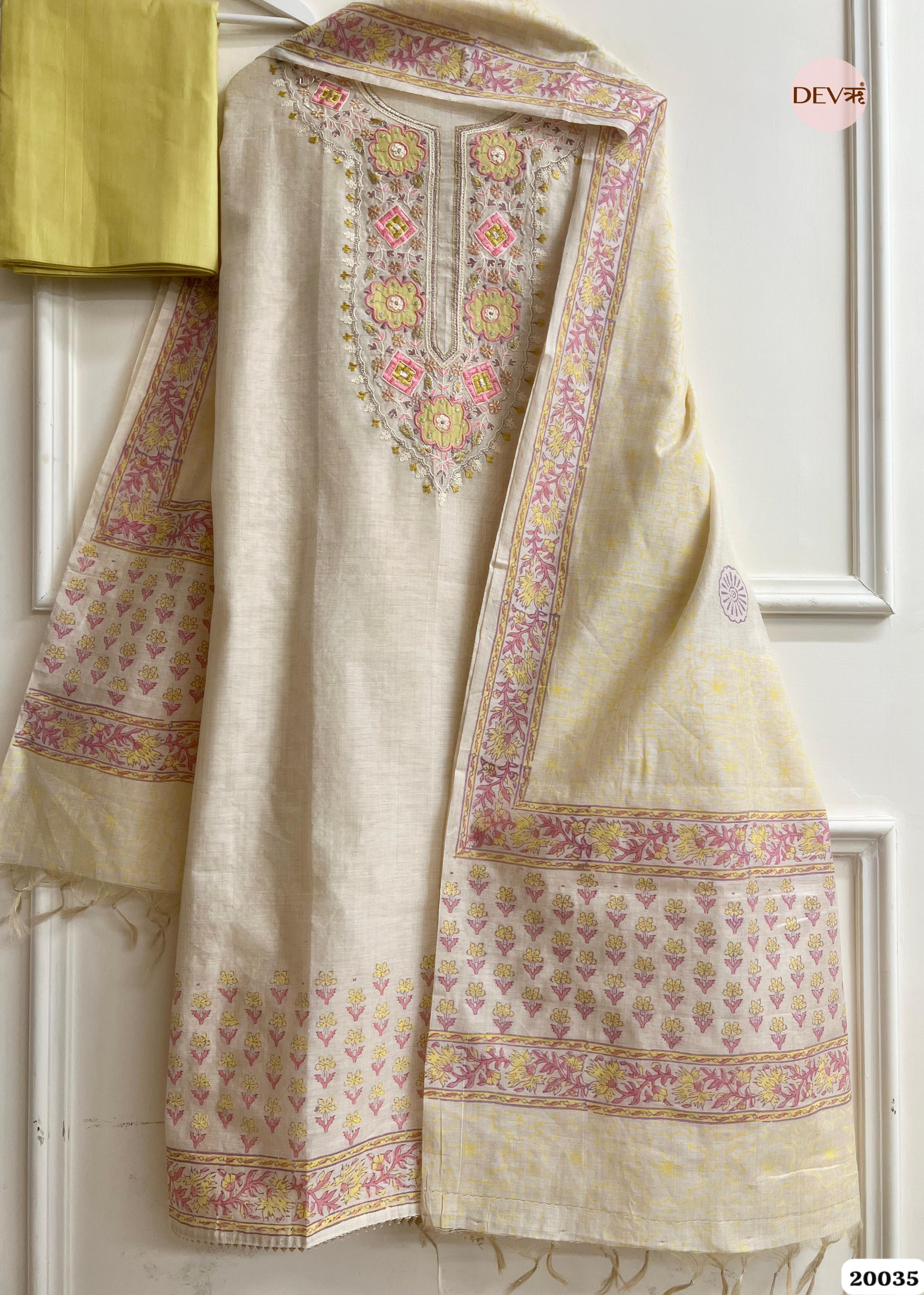 Soft Beige Pure Linen Embroidered Unstitched 3-Piece Suit (Devri – D.No. 20035)