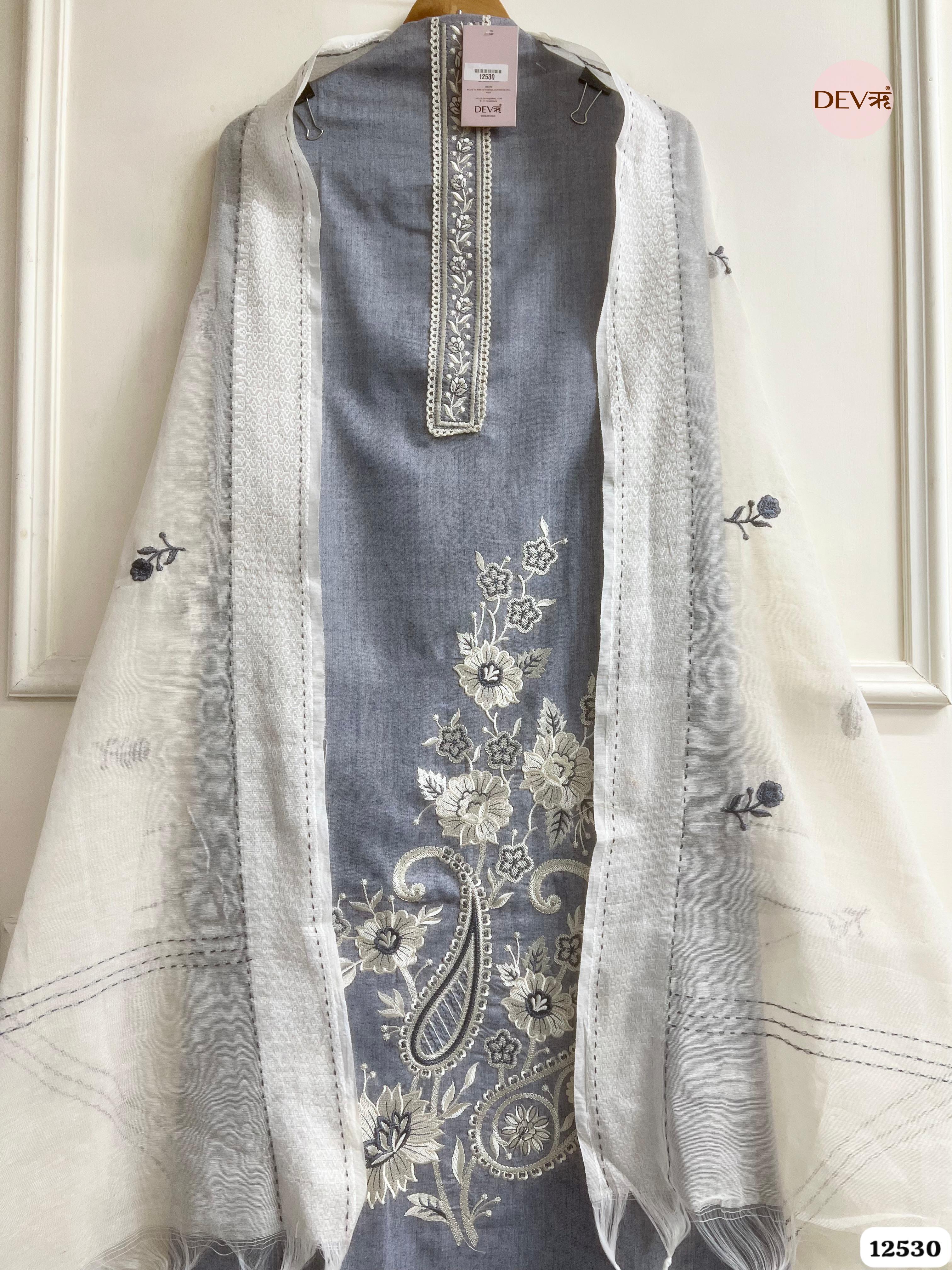 Grey Handloom Cotton Embroidered Unstitched 3-Piece Suit (Devri – D.No 12530)