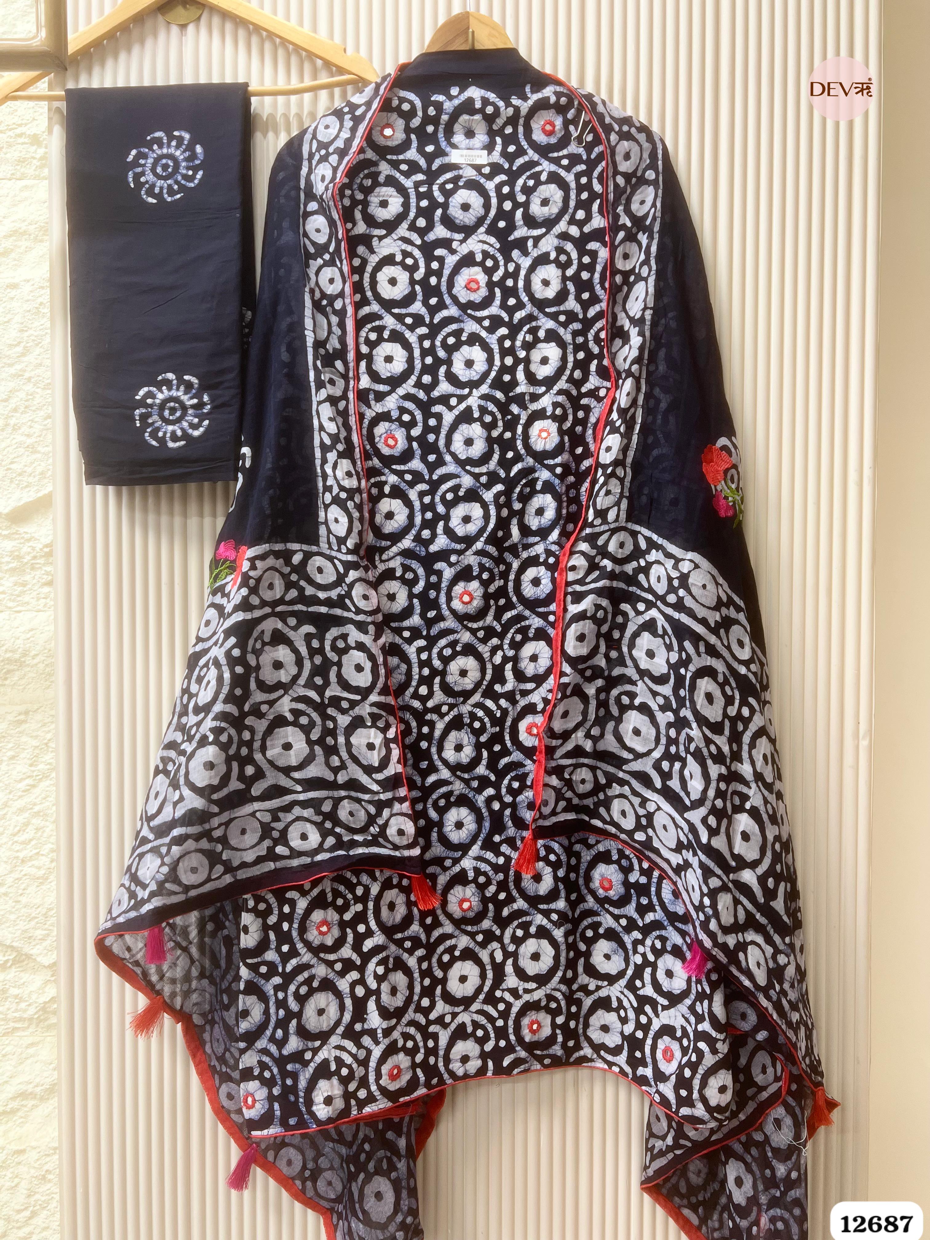 Navy Blue Cotton Batik Printed Unstitched 3-Piece Suit (Devri – D.No 12687)