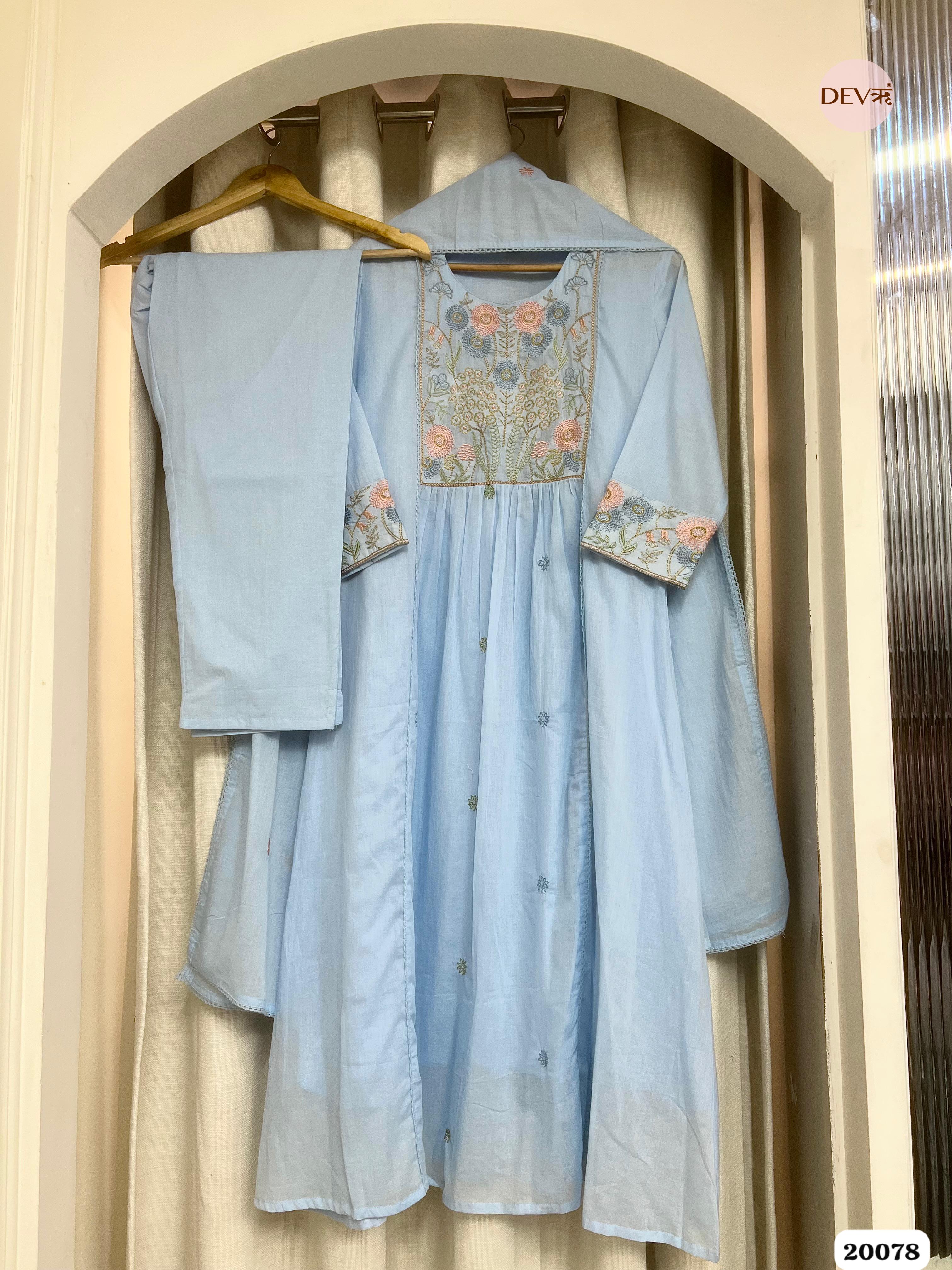 Aarya Cotton Embroidered Powder Blue 3-Piece Set (Devri – D.No 20078)