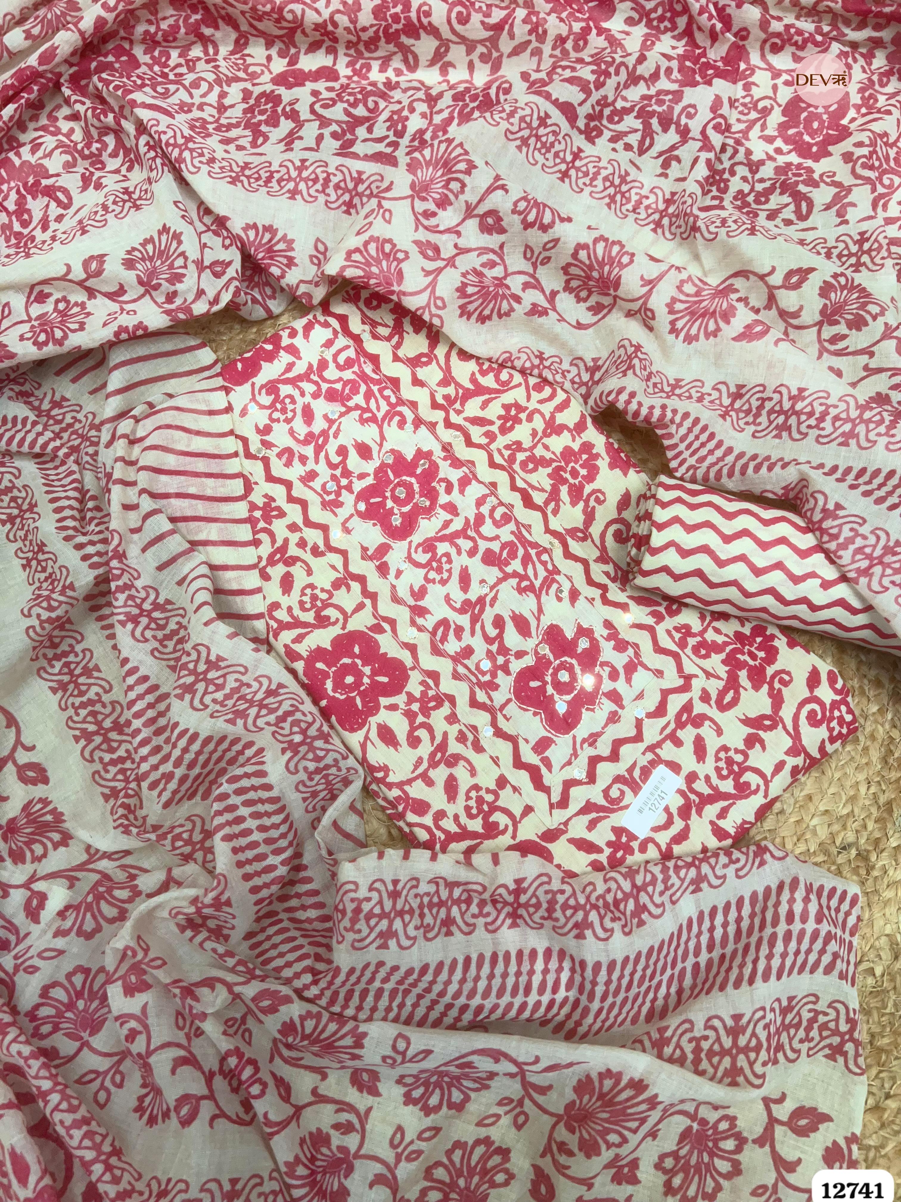 Pink Cotton Printed Unstitched 3-Piece Suit (Devri – D.No 12741)