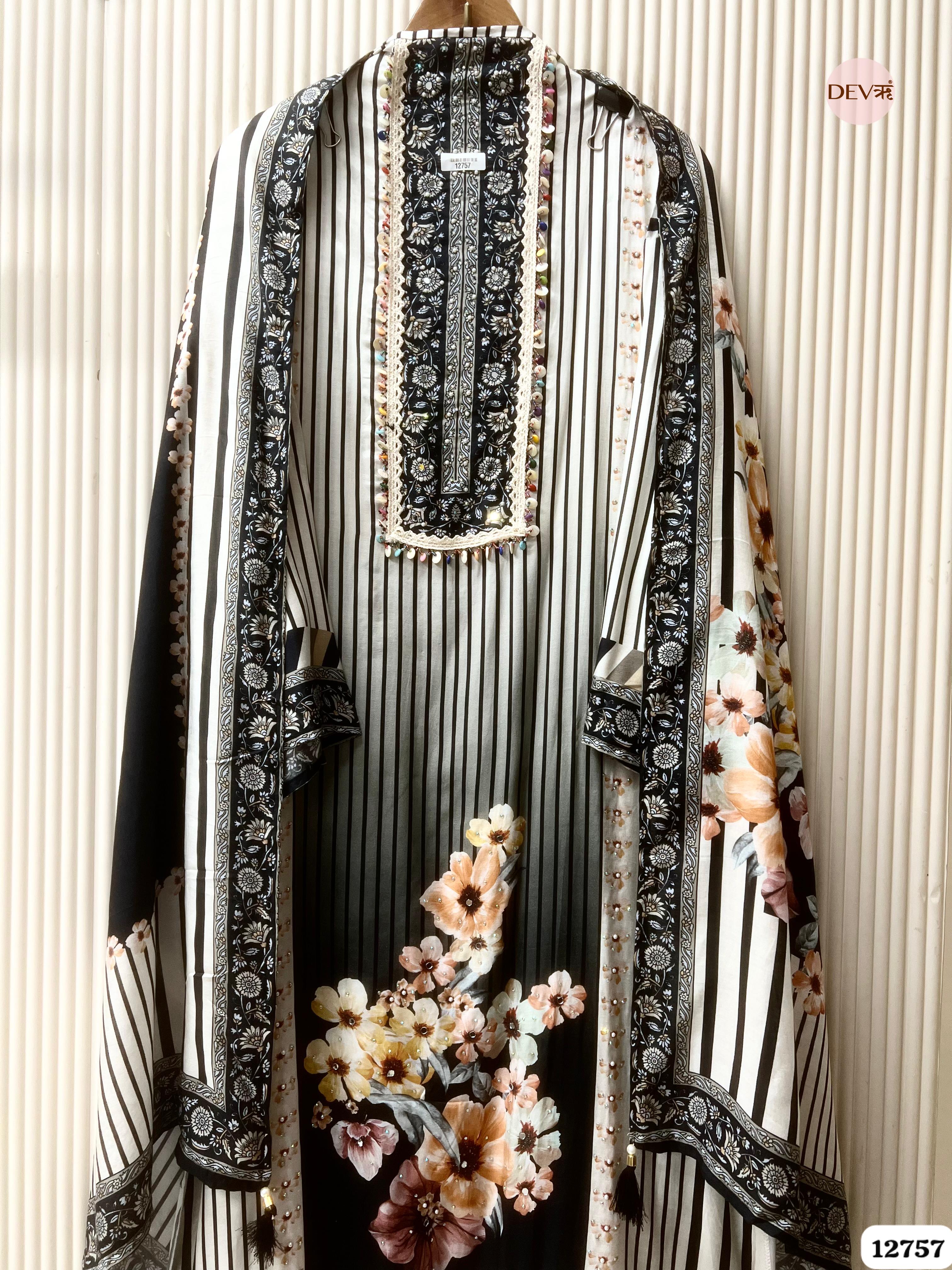 Black Muslin Floral Printed Unstitched 3-Piece Suit (Devri – D.No 12757)