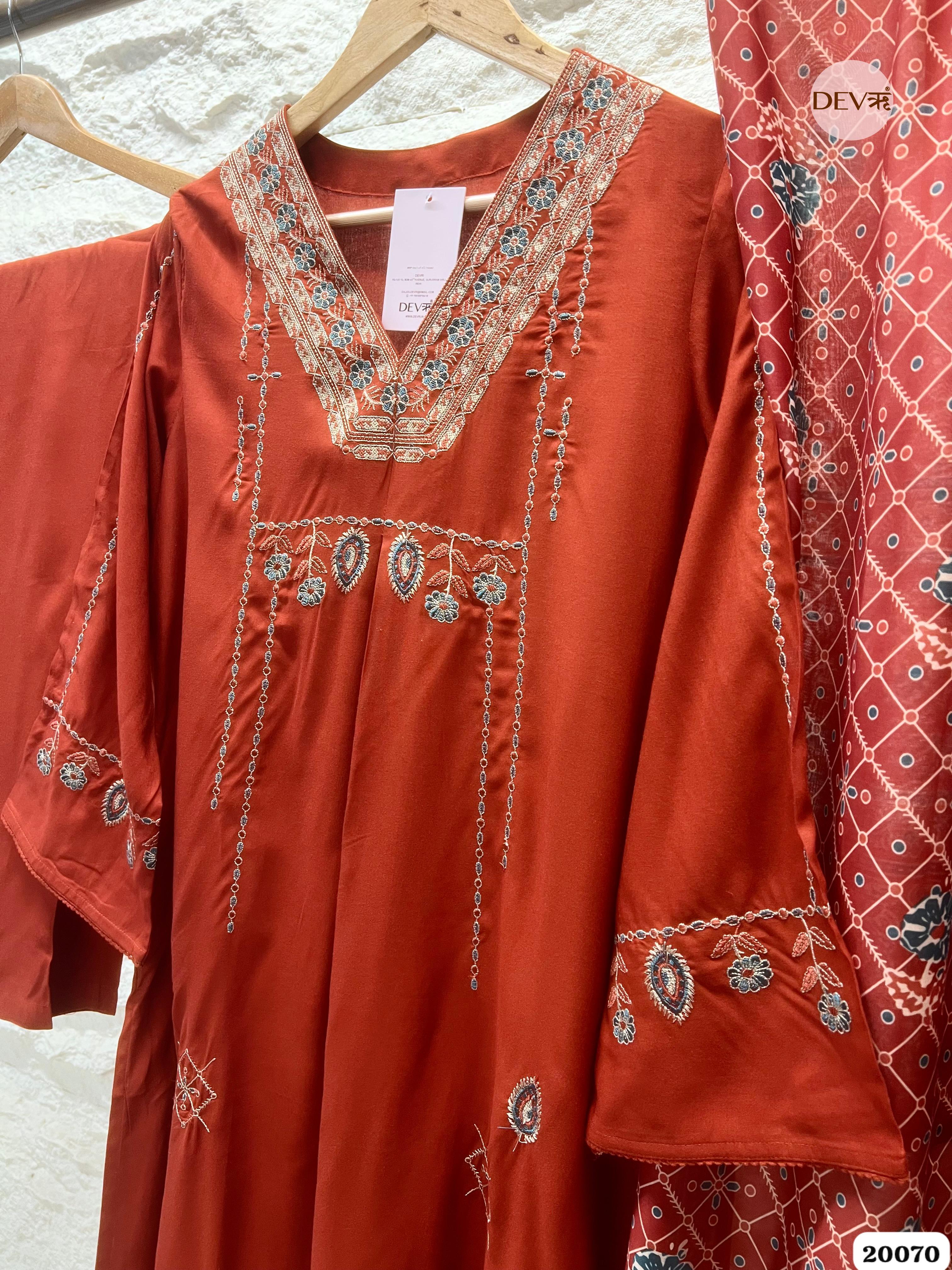 Amara German Reyon Embroidered Rust Red 3-Piece Set (Devri – D.No 20070)