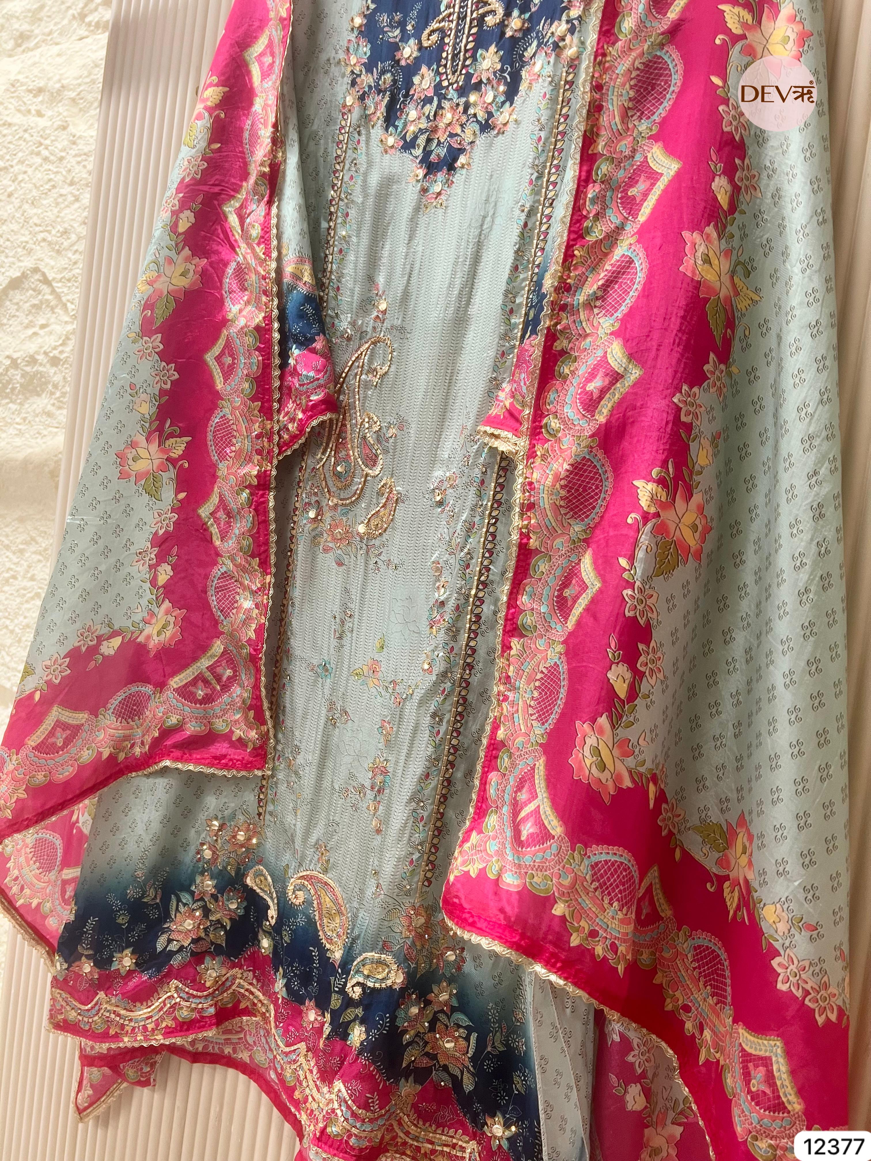 Teal and Navy Muslin Printed Unstitched 3-Piece Suit (Devri – D.No 12377)