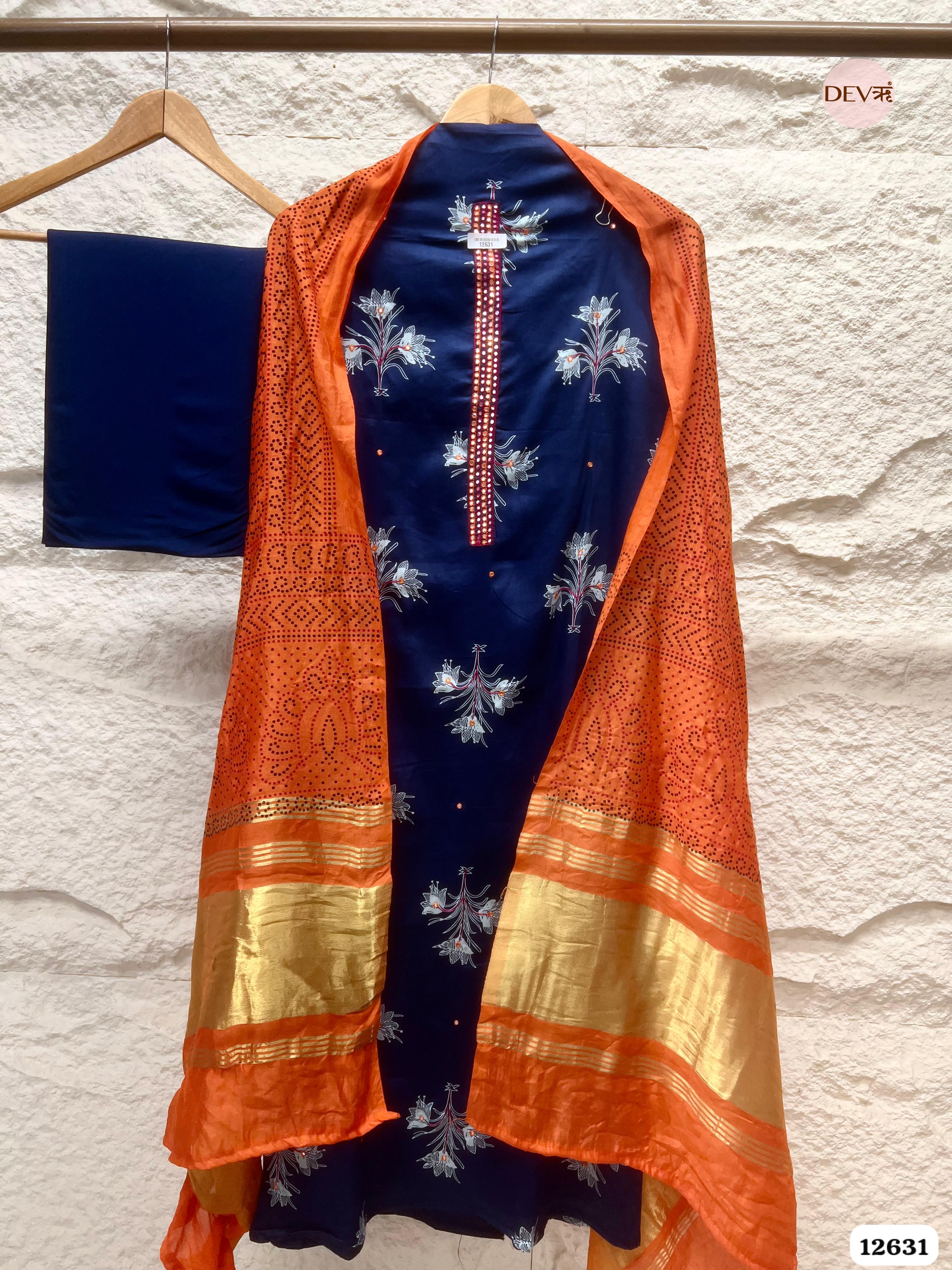 Navy Blue & Orange Cotton Silk Unstitched 3-Piece Suit (Devri – D.No 12631)