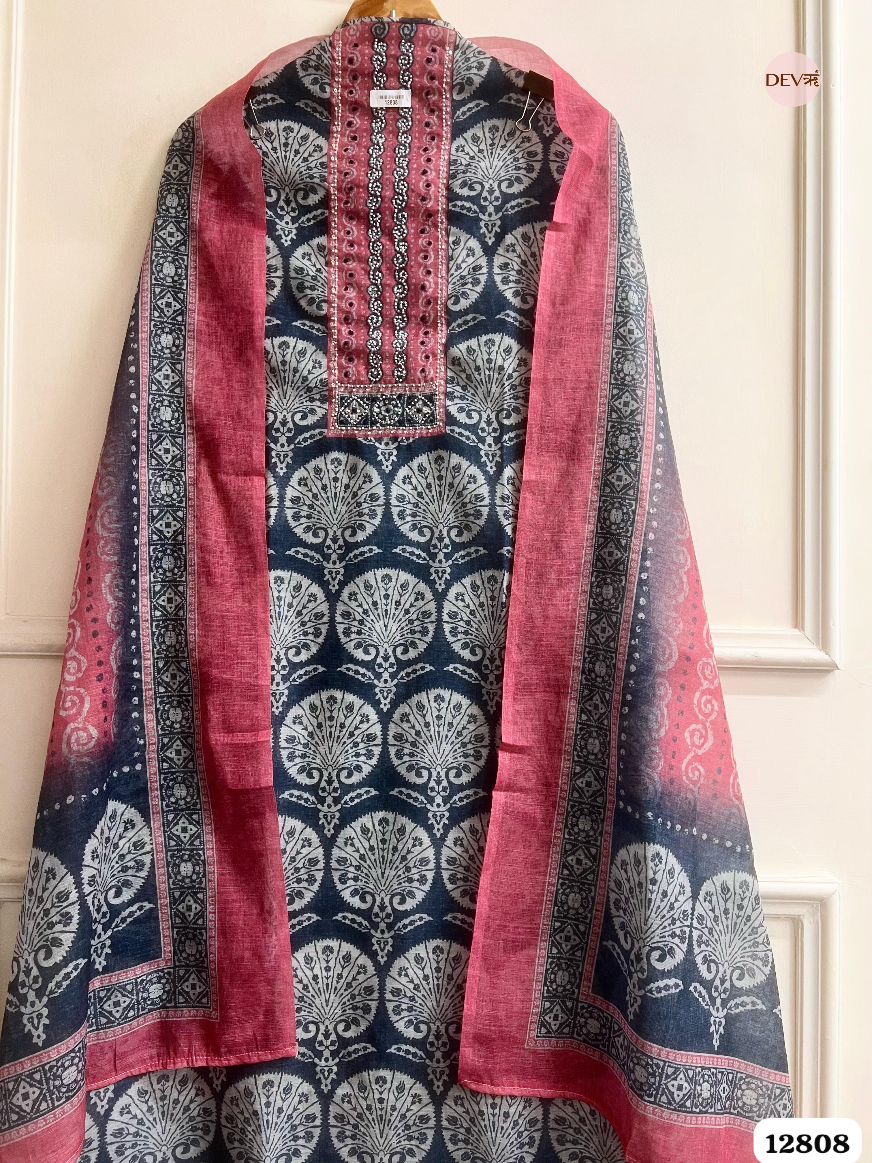 Grey Linen Cotton Printed Unstitched 3-Piece Suit (Devri – D.No 12808)