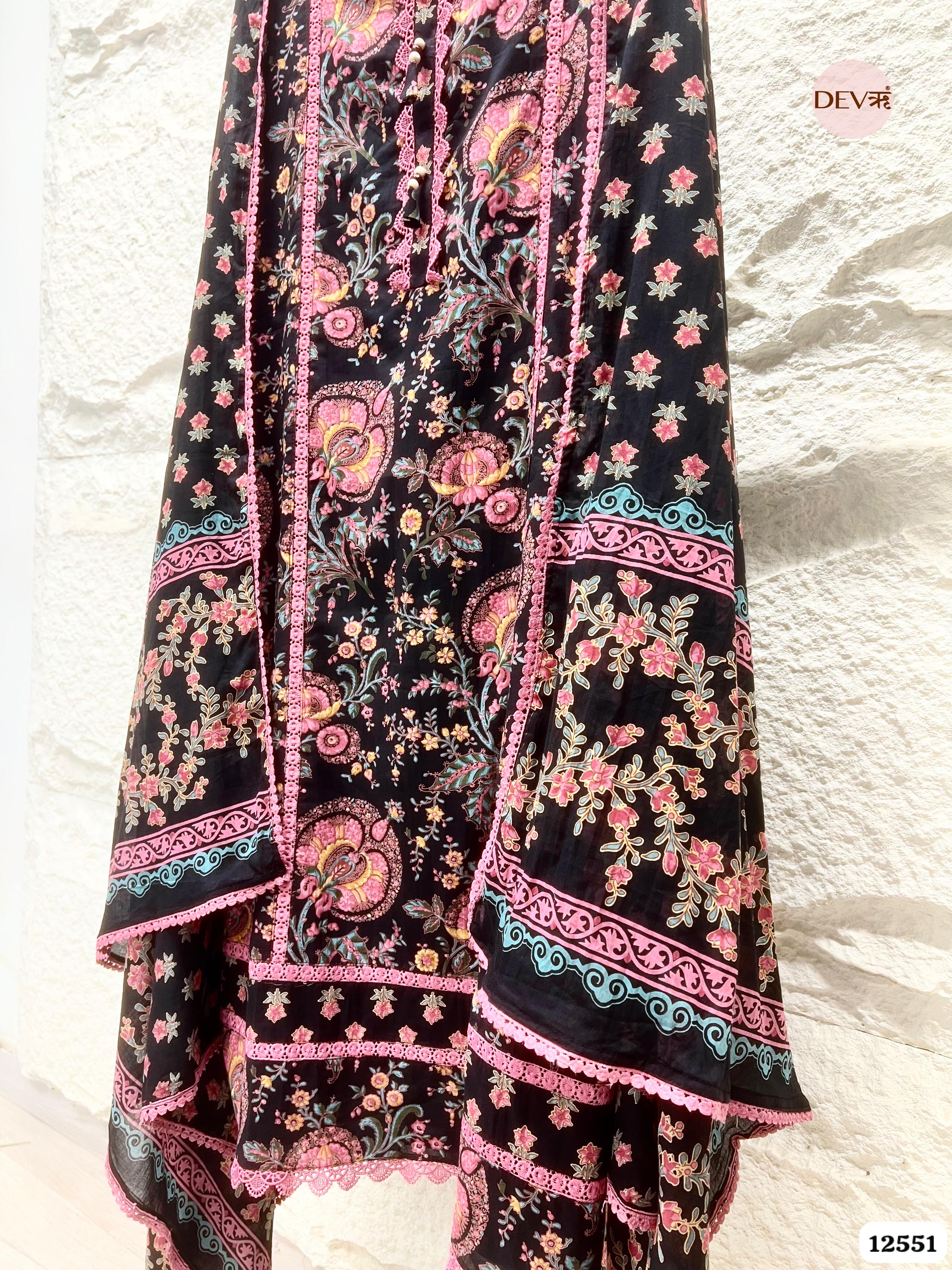 Black Pure Cotton Floral Printed Unstitched 3-Piece Suit (Devri – D.No 12551)