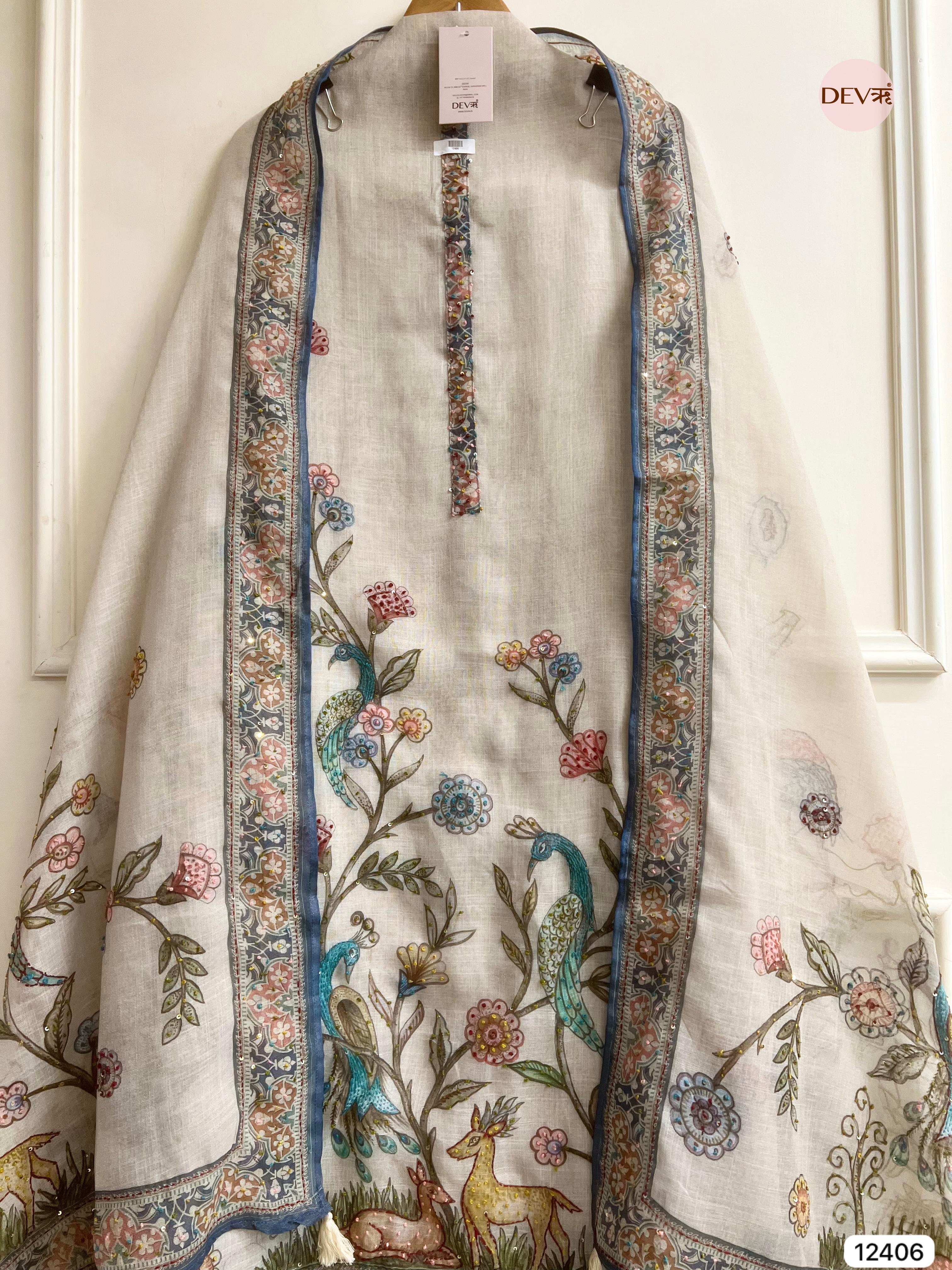 Beige Pure Linen Cotton Printed Unstitched 3-Piece Suit (Devri – D.No 12406)