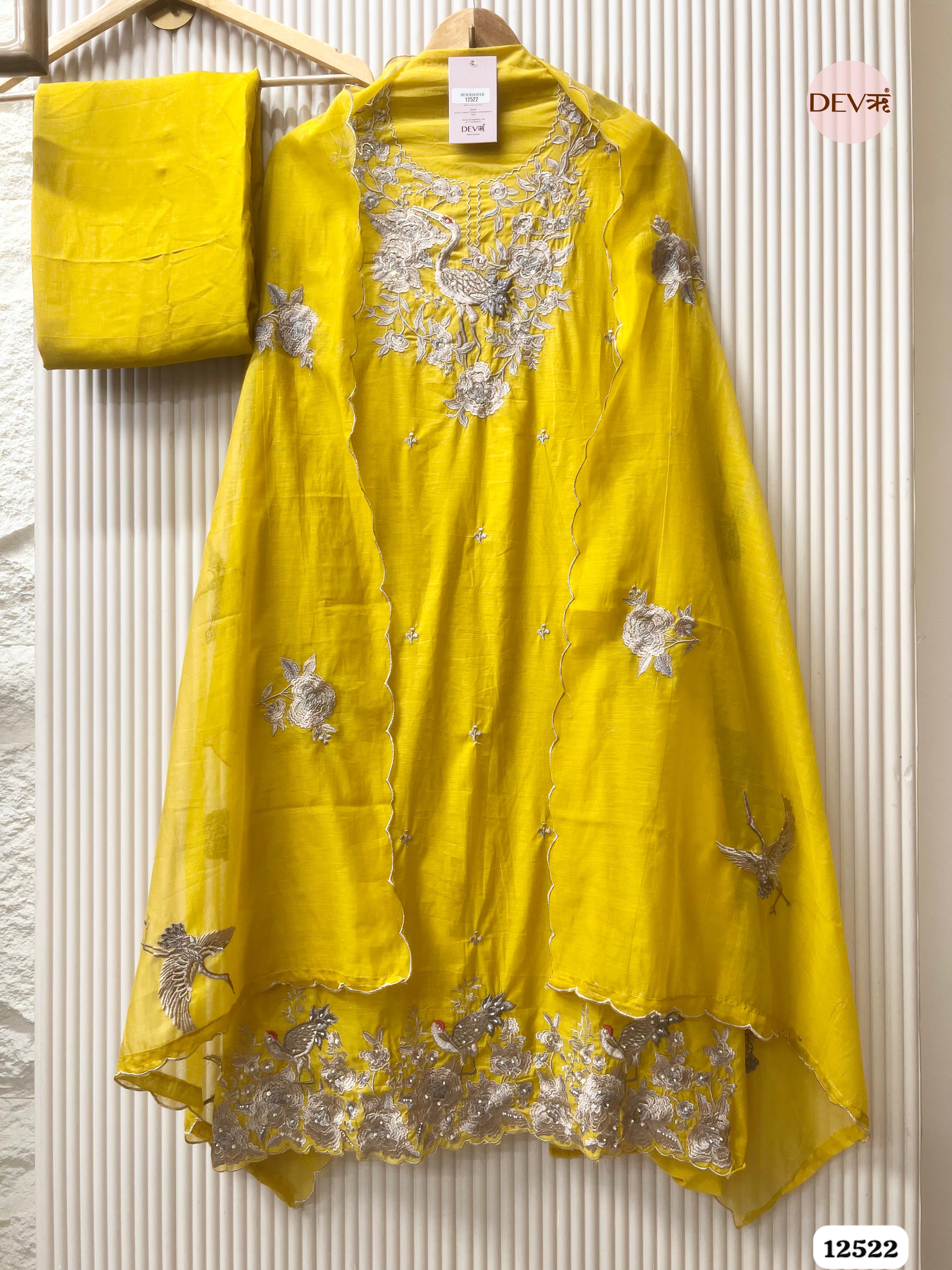 Yellow Pure Mul Chanderi Embroidered Unstitched 3-Piece Suit (Devri – D.No 12522)