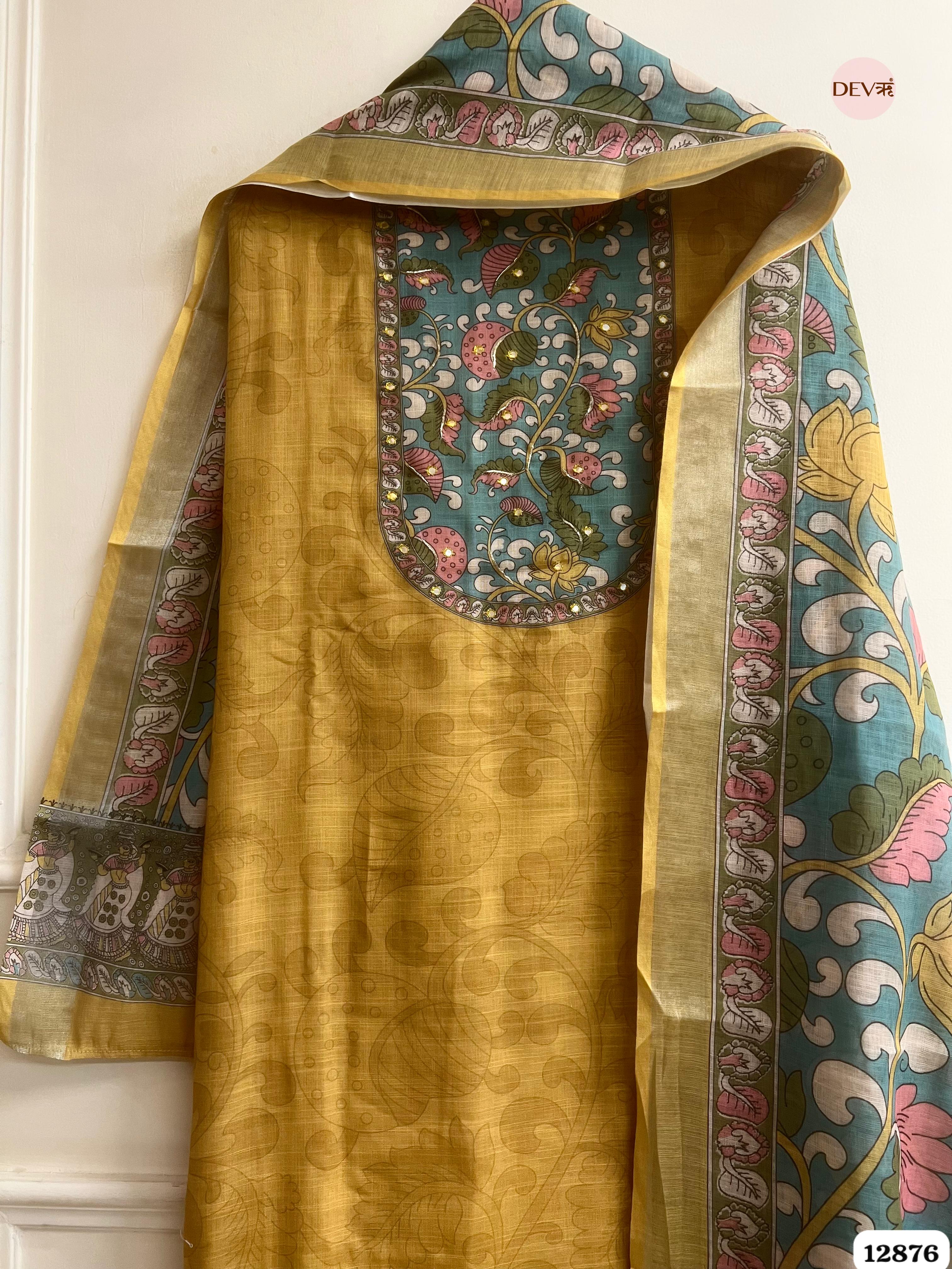 Mustard Yellow Linen Cotton Printed Unstitched 3-Piece Suit (Devri – D.No 12876)