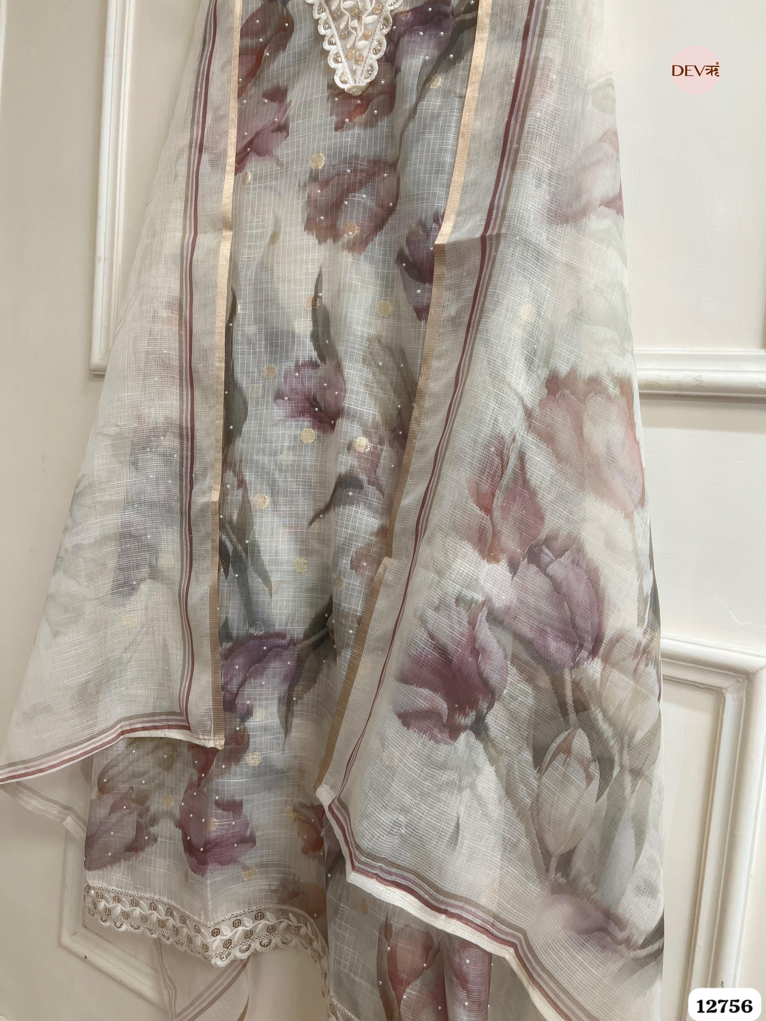 Ivory Kota Doria Floral Unstitched 3-Piece Suit (Devri – D.No 12756)