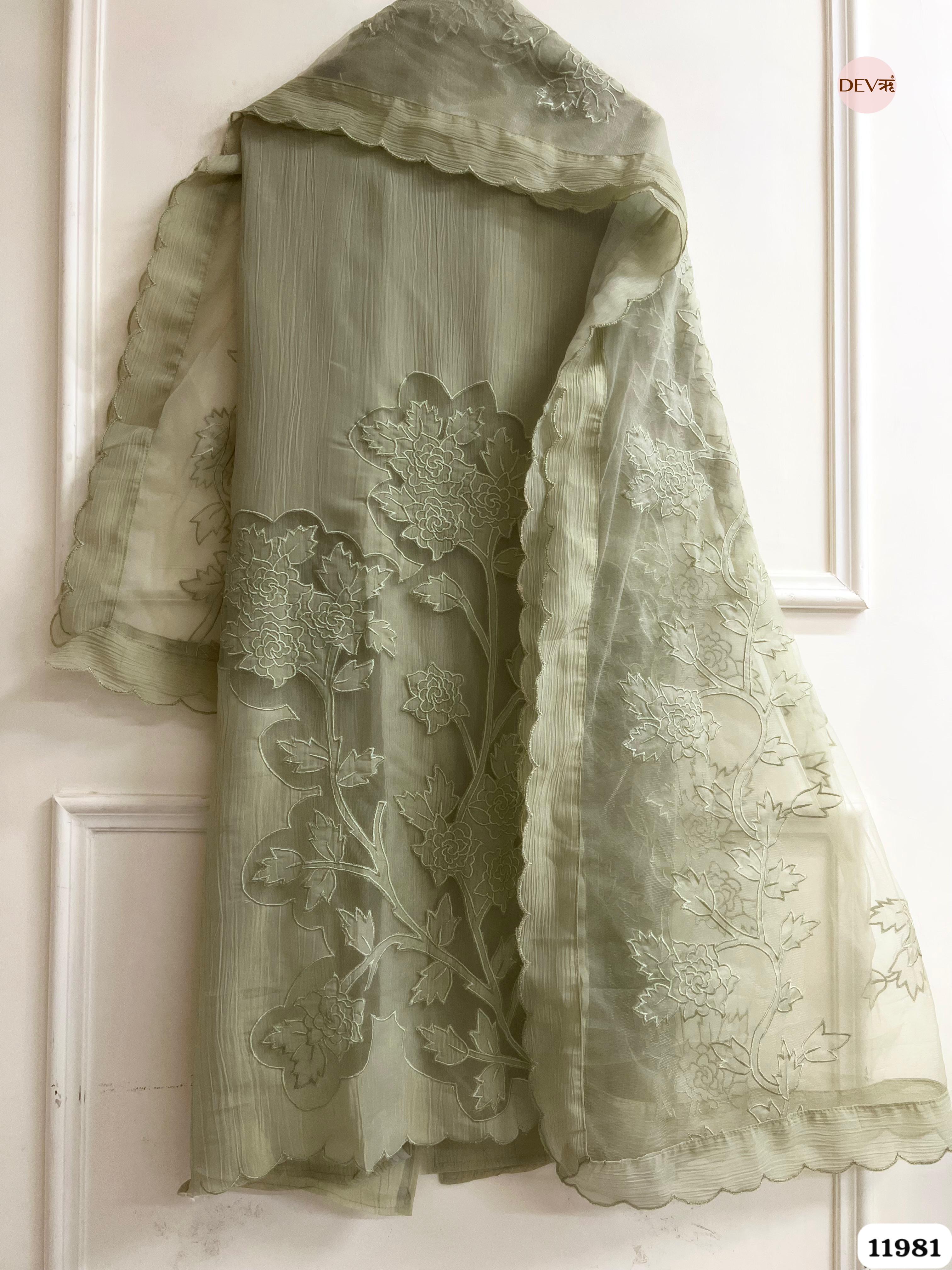 Green Tissue Crush Embroidered Unstitched 3-Piece Suit (Devri – D.No 12981)