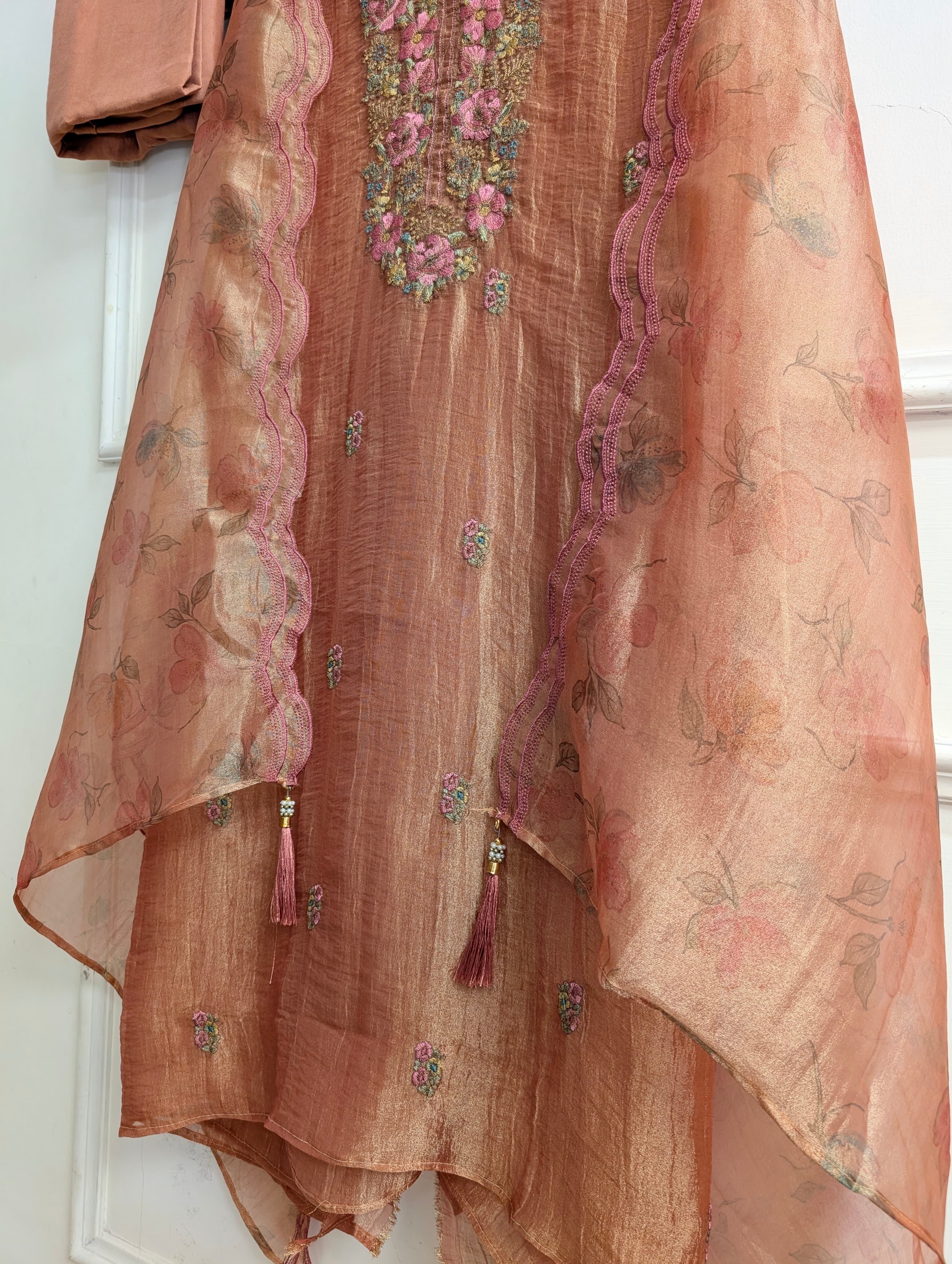 Peach Crush Tissue Silk Embroidered Unstitched 3-Piece Suit (Devri – D.No 13708)