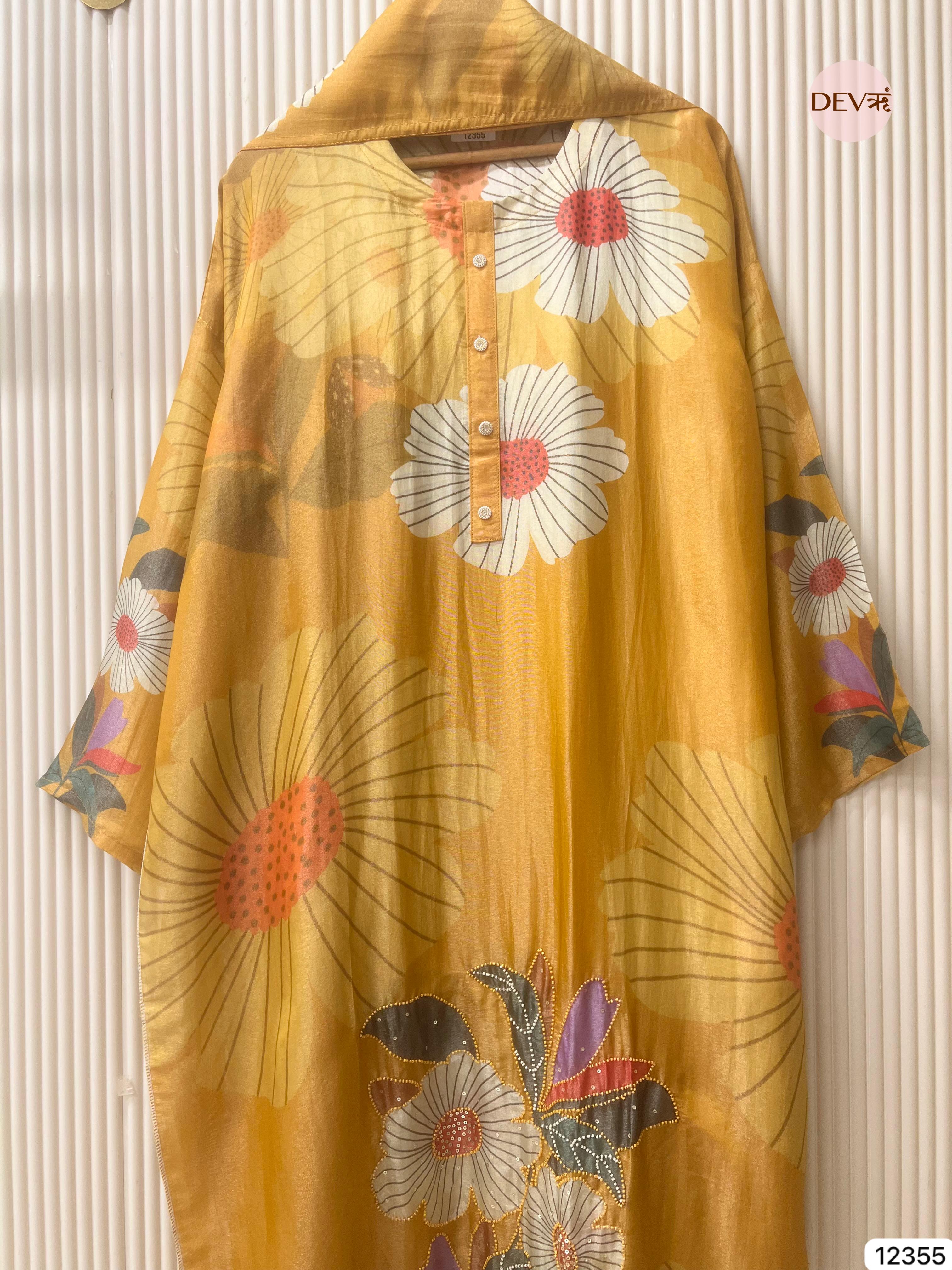 Mustard Yellow Shimmer Silk Printed Unstitched 3-Piece Suit (Devri – D.No 12355)