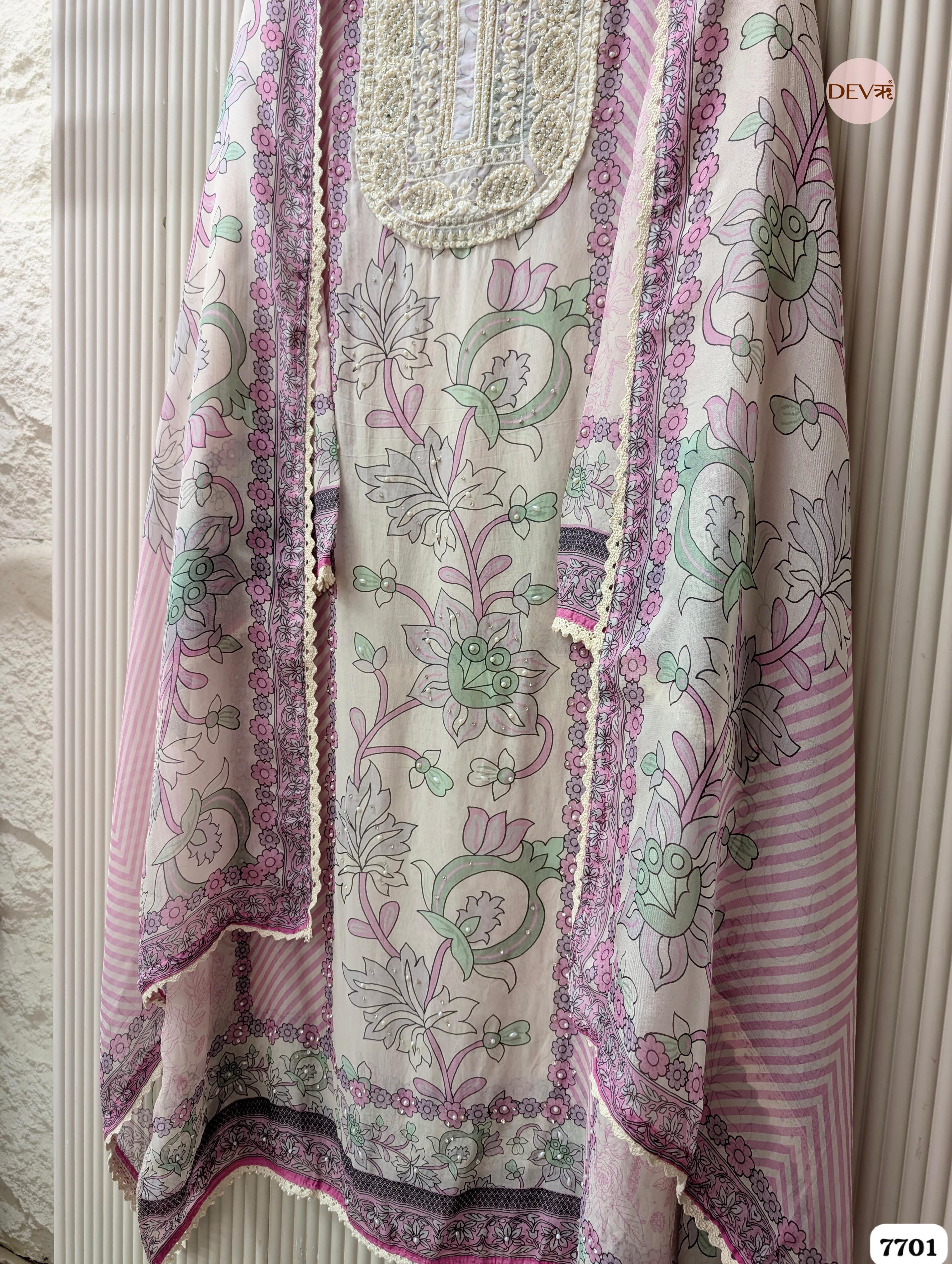 Pink & Mint Organza Silk Printed Unstitched 3-Piece Suit (Devri – D.No. 7701)