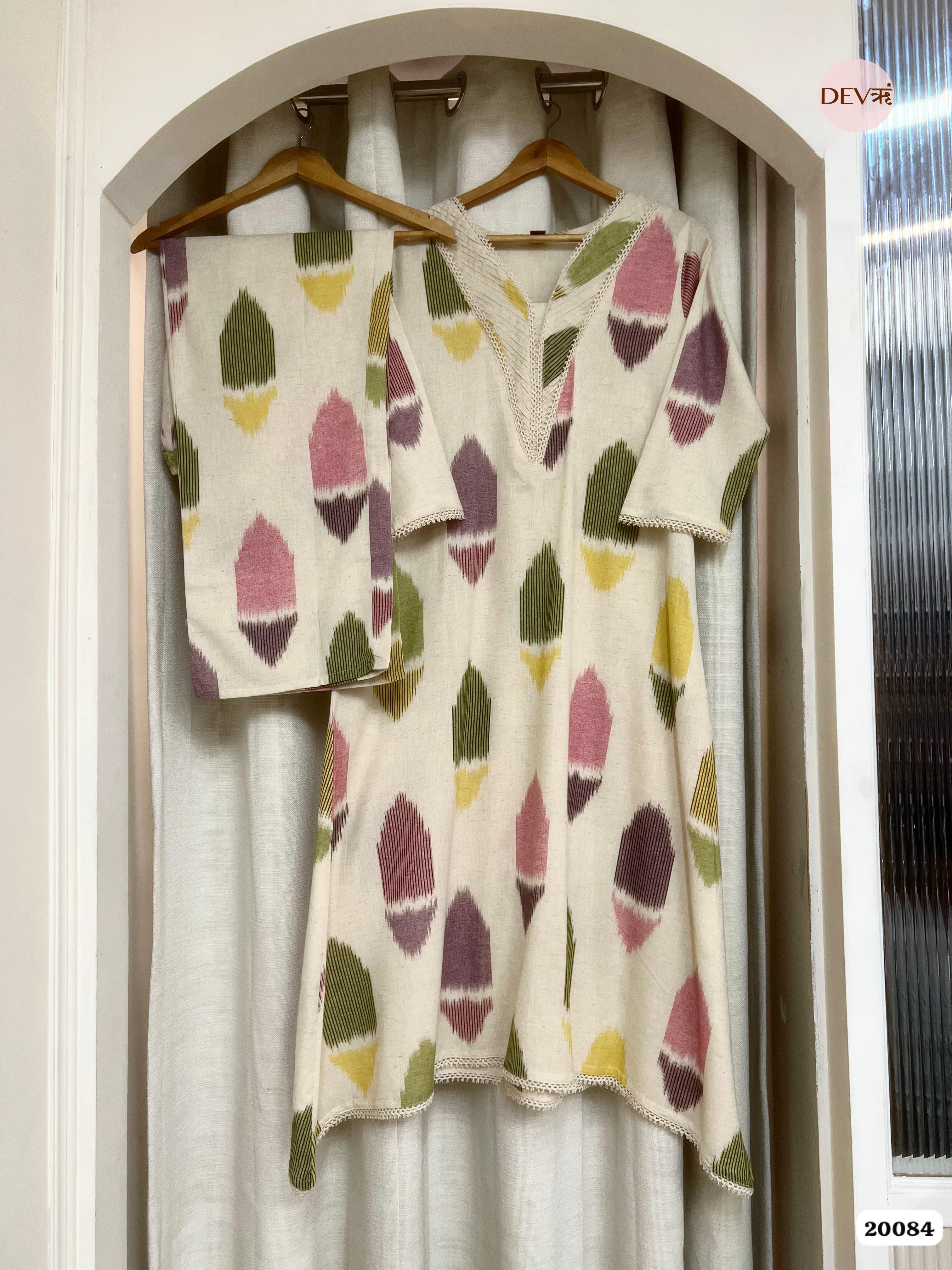 Ira Cotton Ikat Print Cream & Sage 2-Piece Set (Devri – D.No 20084)