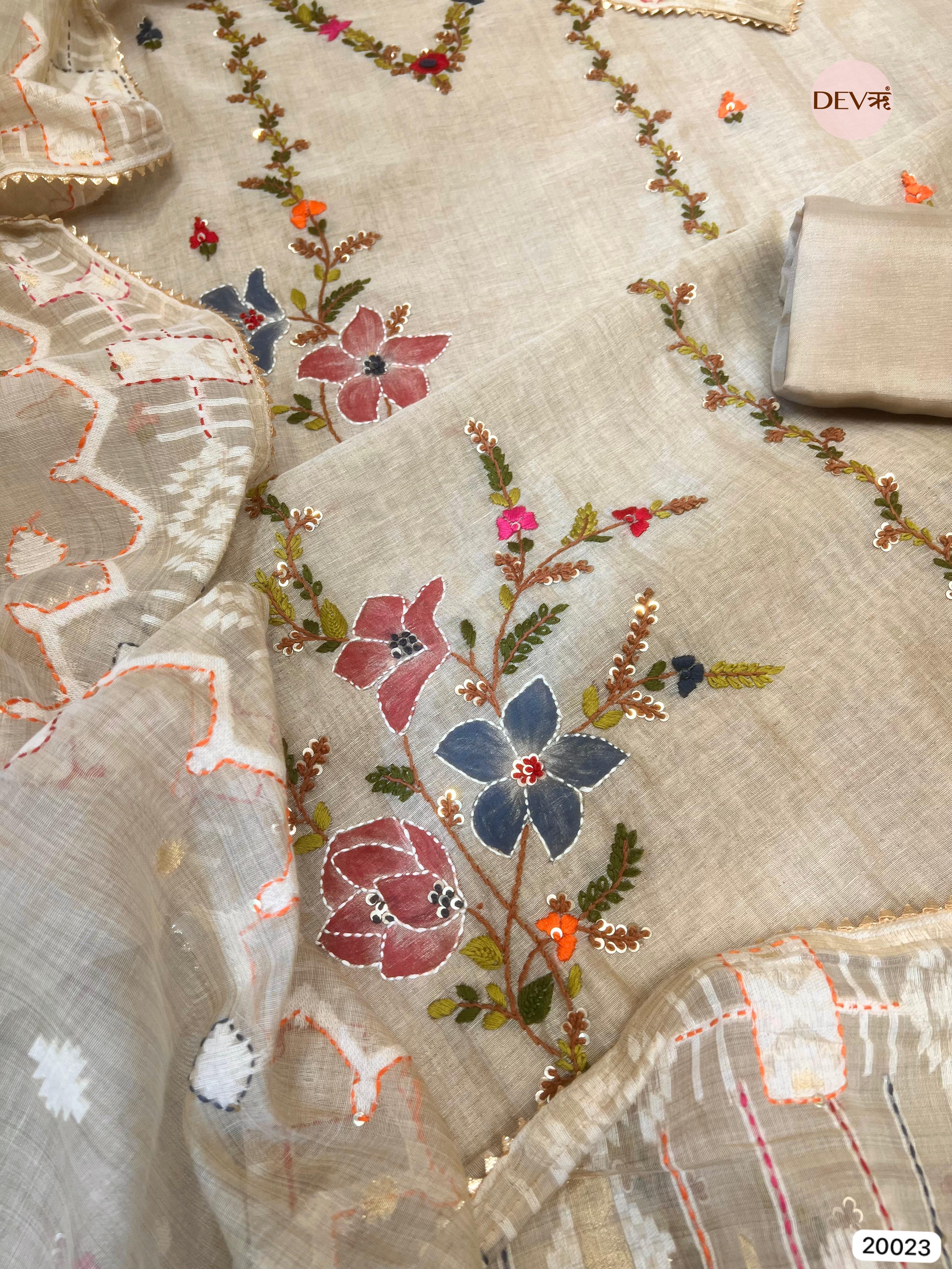 Beige Mul Chanderi Embroidered Unstitched 3-Piece Suit (Devri – D.No . 20023)