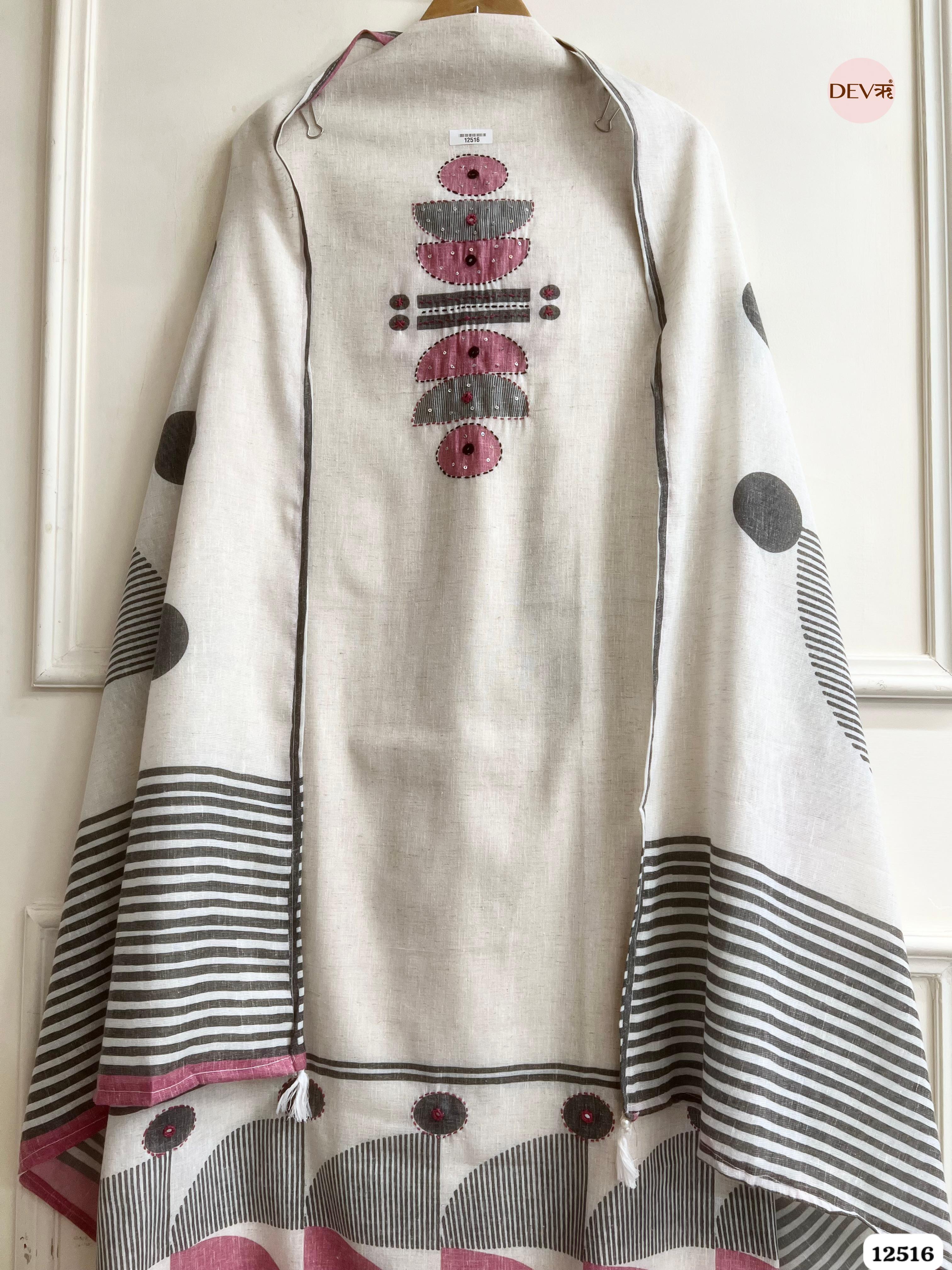 Ivory Linen Cotton Printed Unstitched 3-Piece Suit (Devri – D.No . 12516)