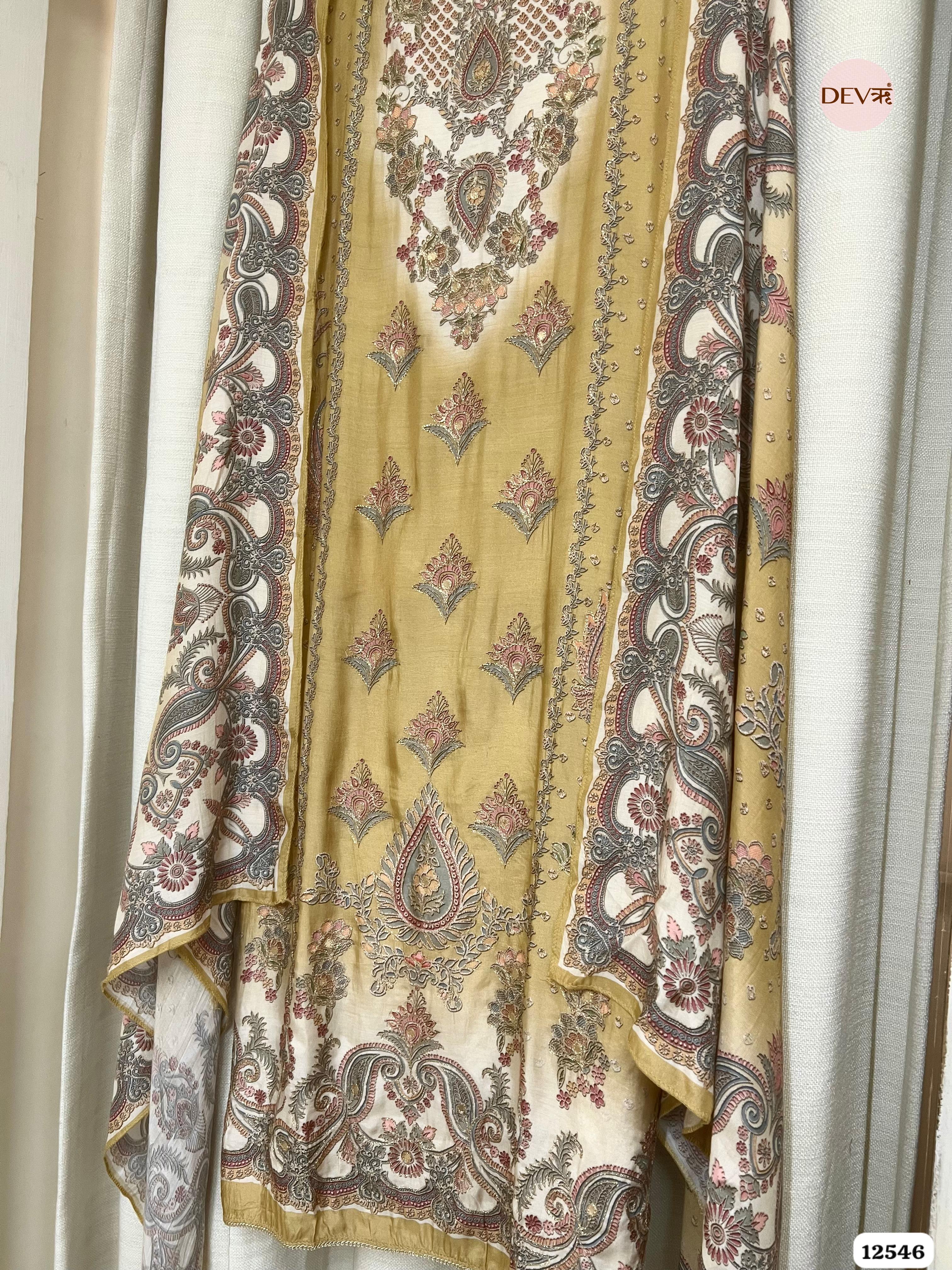 Mustard Muslin Embroidered Unstitched 3-Piece Suit (Devri – D.No 12546)