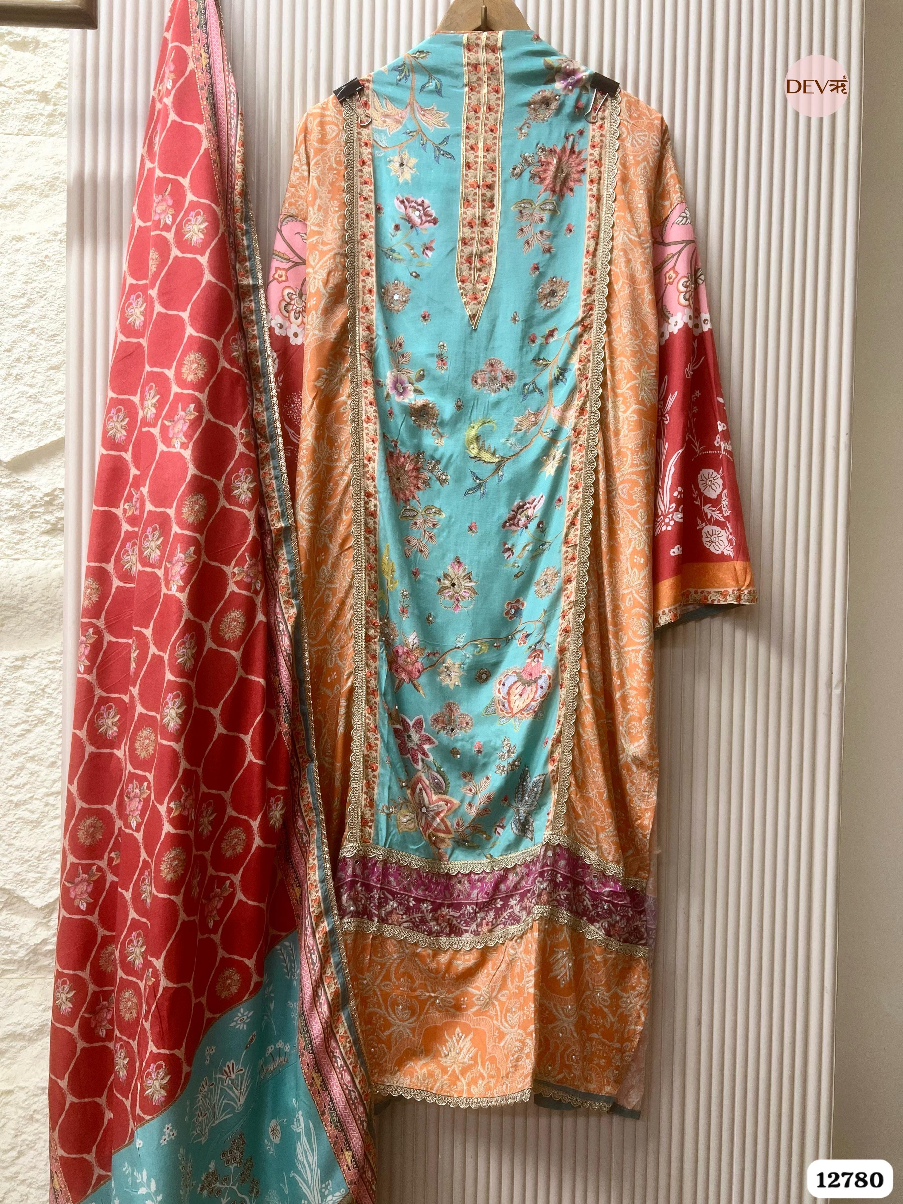 Aqua Muslin Printed Unstitched 3-Piece Suit (Devri – D.No 12780)