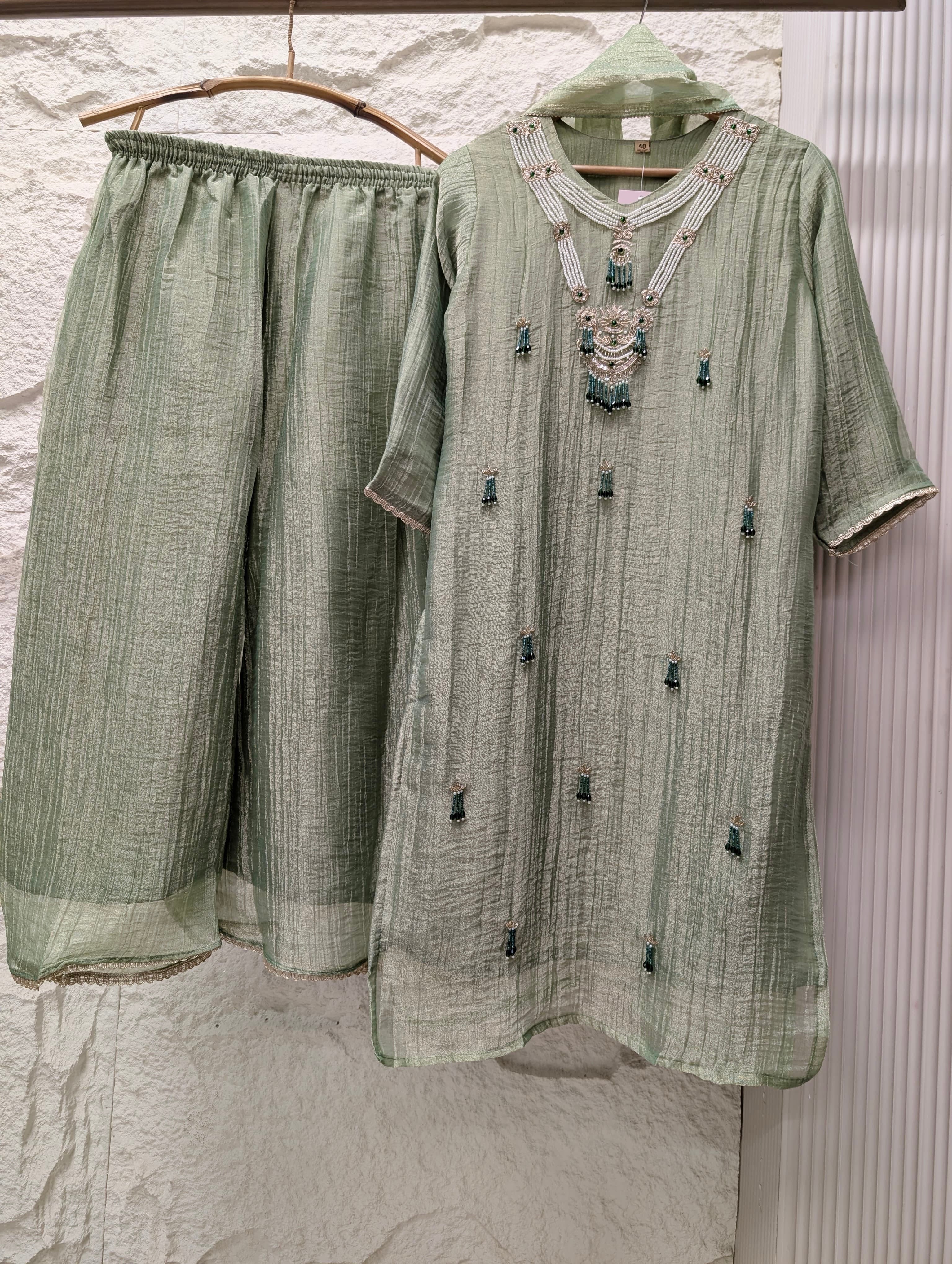 Gulnaar Tissue crush silk Embroidered Sage Green 3-Piece Set (Devri – D.No 13714)