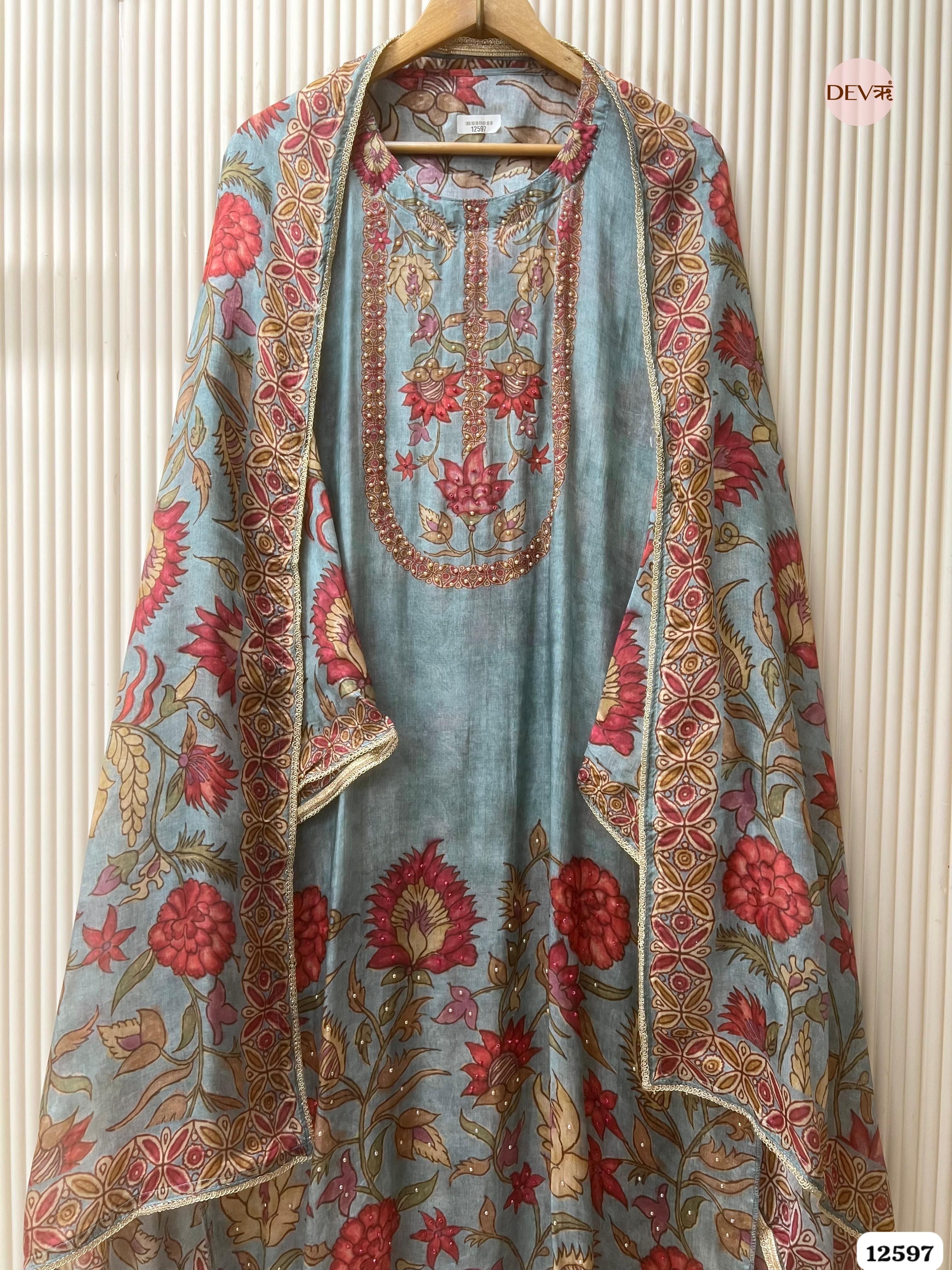 Teal Blue Muslin Floral Printed Unstitched 3-Piece Suit (Devri – D.No 12597)
