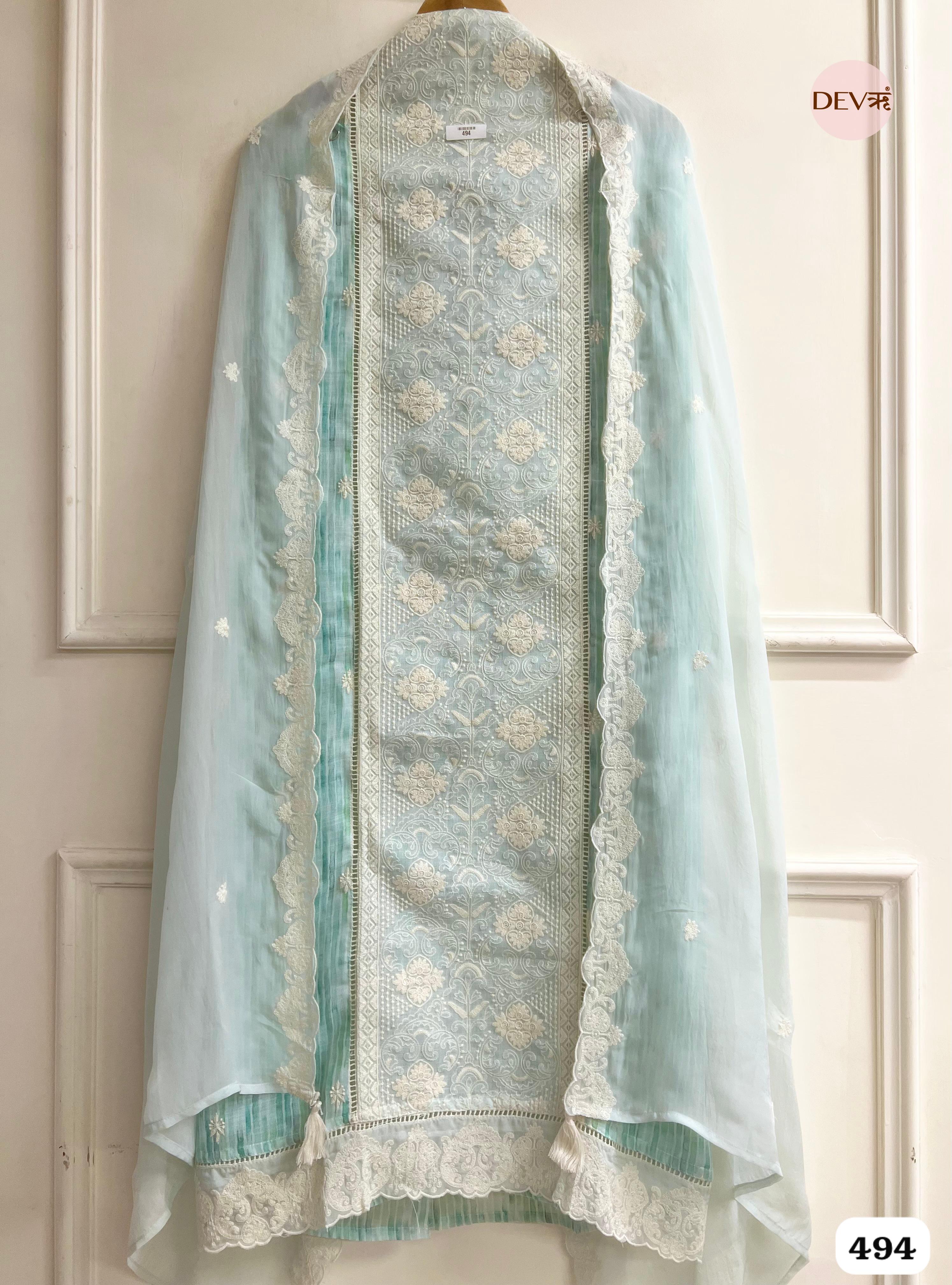 Mint Green Linen Embroidered Unstitched 3-Piece Suit (Devri – D.No. 494)