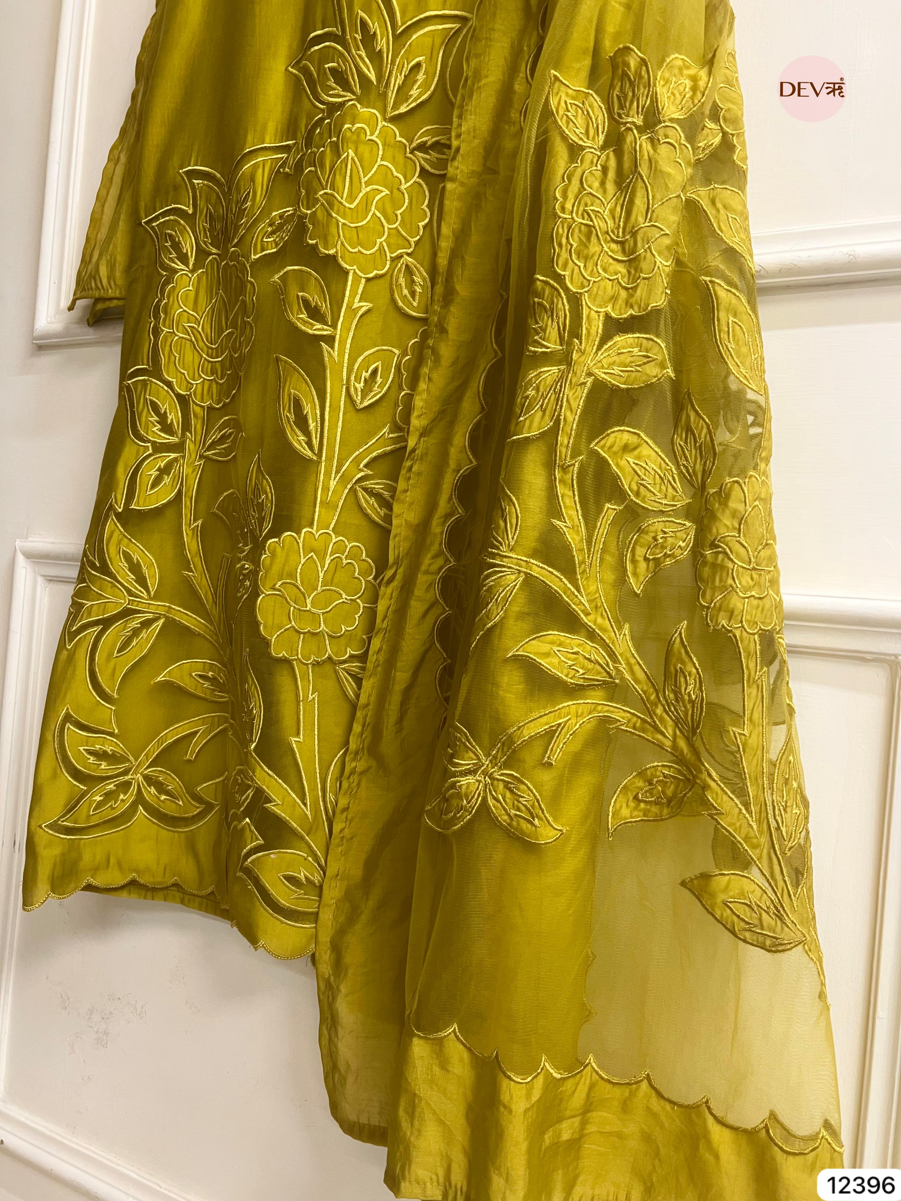 Olive Green Modal Silk Embroidered Unstitched 3-Piece Suit (Devri – D.No 12396)