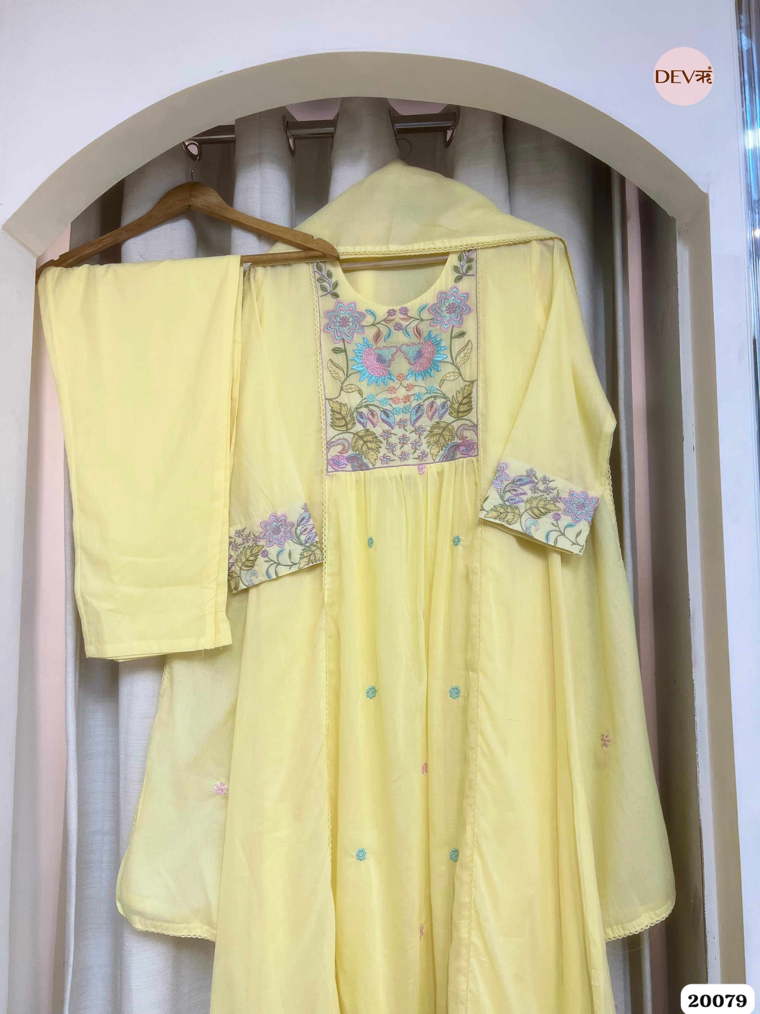 Jivika Cotton Embroidered Sun Yellow 3-Piece Set (Devri – D.No 20079)