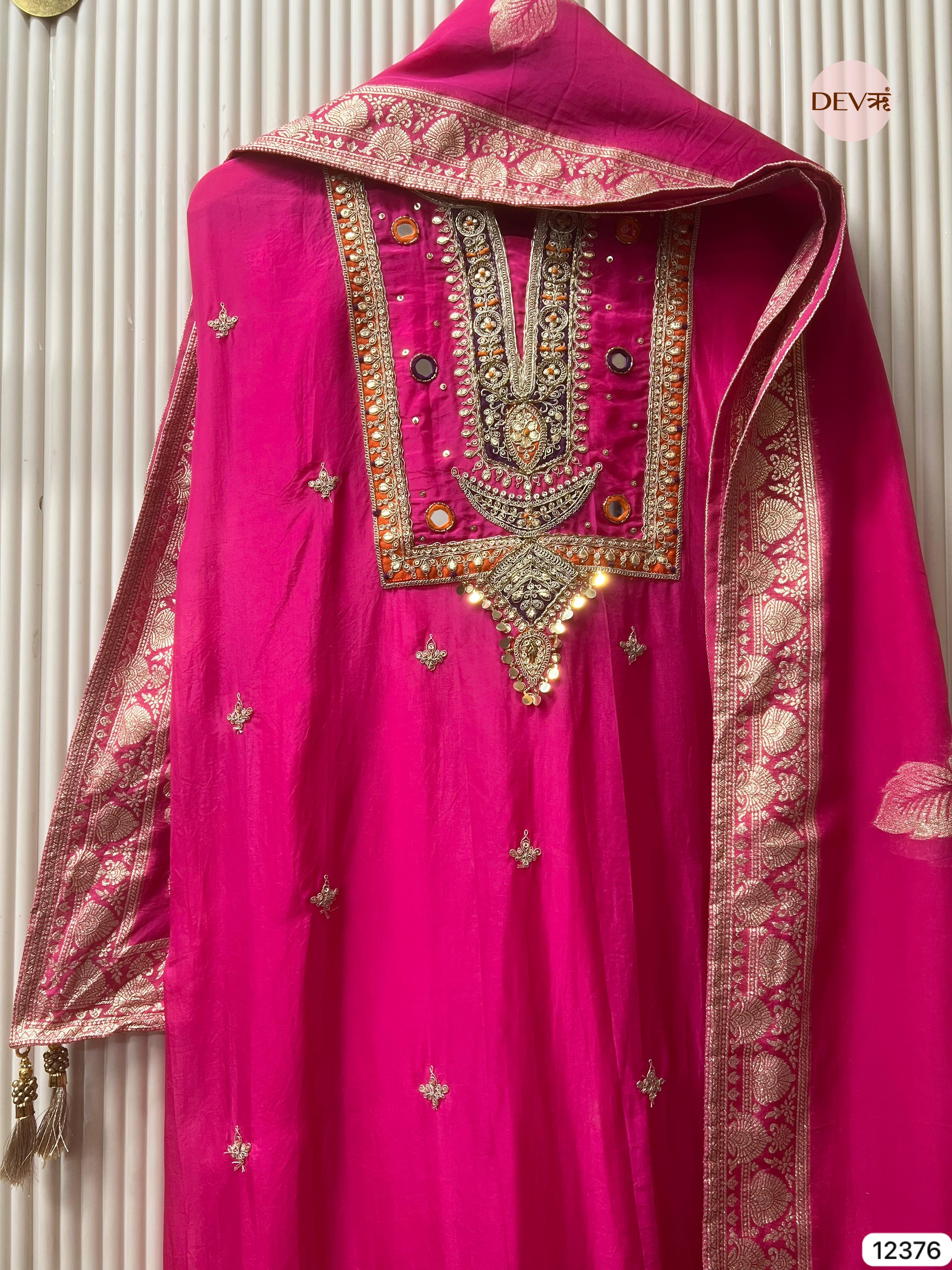 Rani Pink Organza Silk Embroidered Unstitched 3-Piece Suit (Devri – D.No 12376)