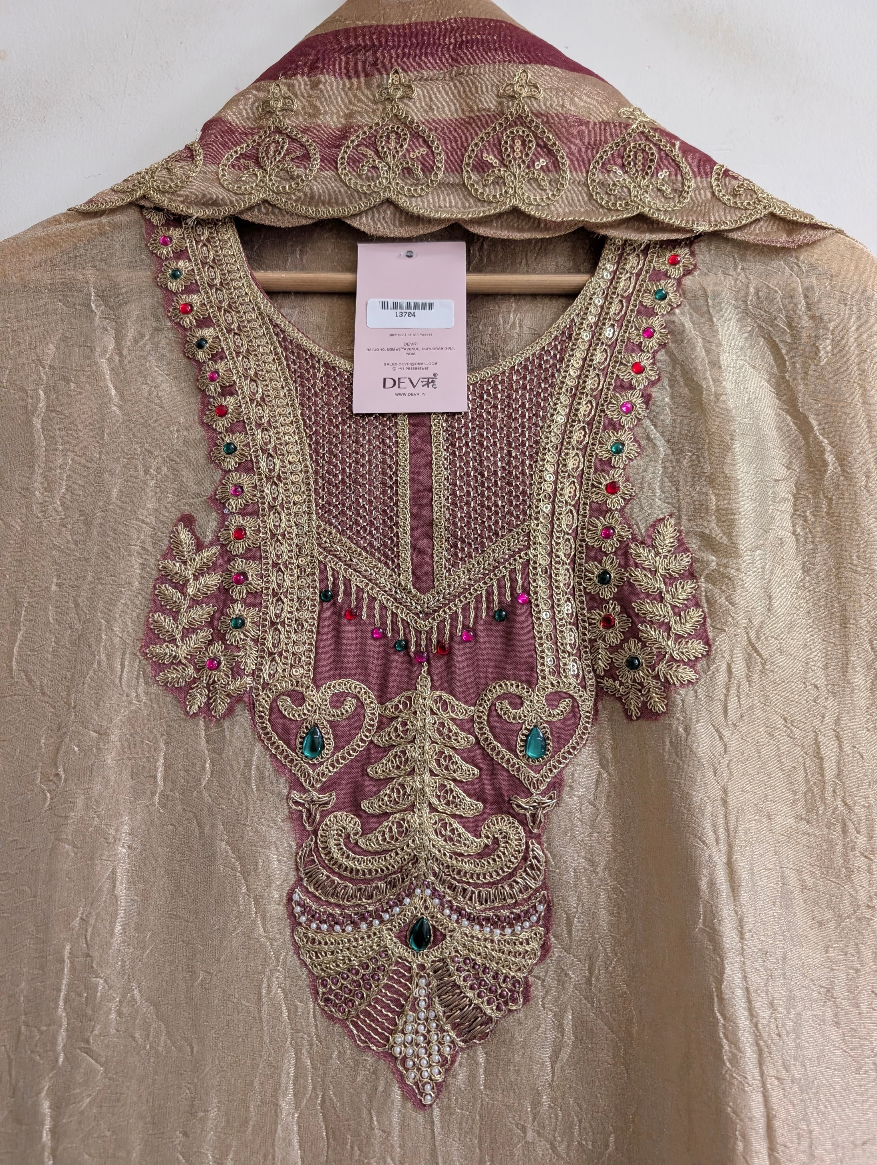 Beige Pure Tissue Silk Embroidered Unstitched 3-Piece Suit (Devri – D.No 13704)