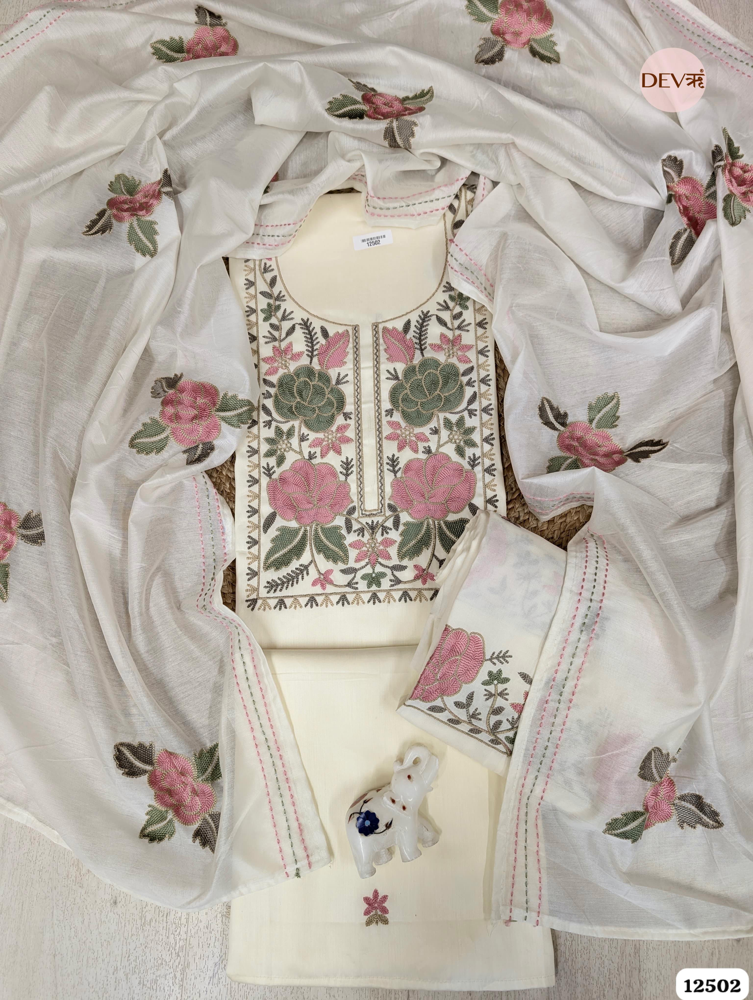 Off-White Cotton Embroidered Unstitched 3-Piece Suit (Devri – D.No. 12502)